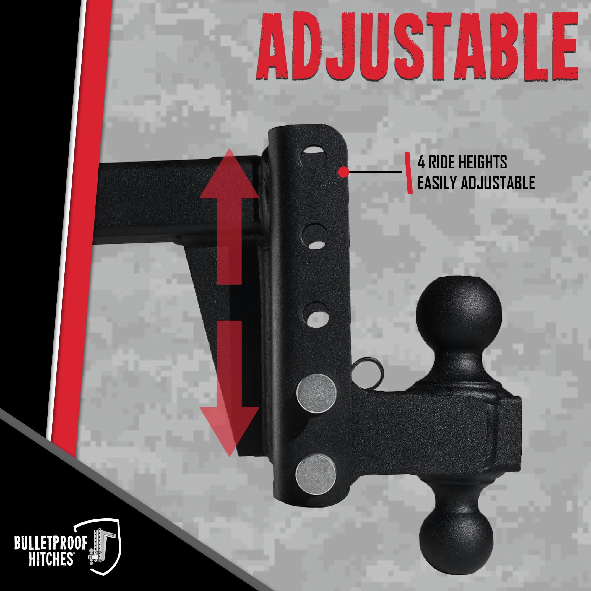 2.0" BulletProof Hitches Adjustable Medium Duty Trailer Hitch (14,000 lb. Rating) - 4" Drop/Rise Trailer Hitch with 2" & 2-5/16" Dual Ball - Powder Coat, Box Steel, Corrosion-Resistant