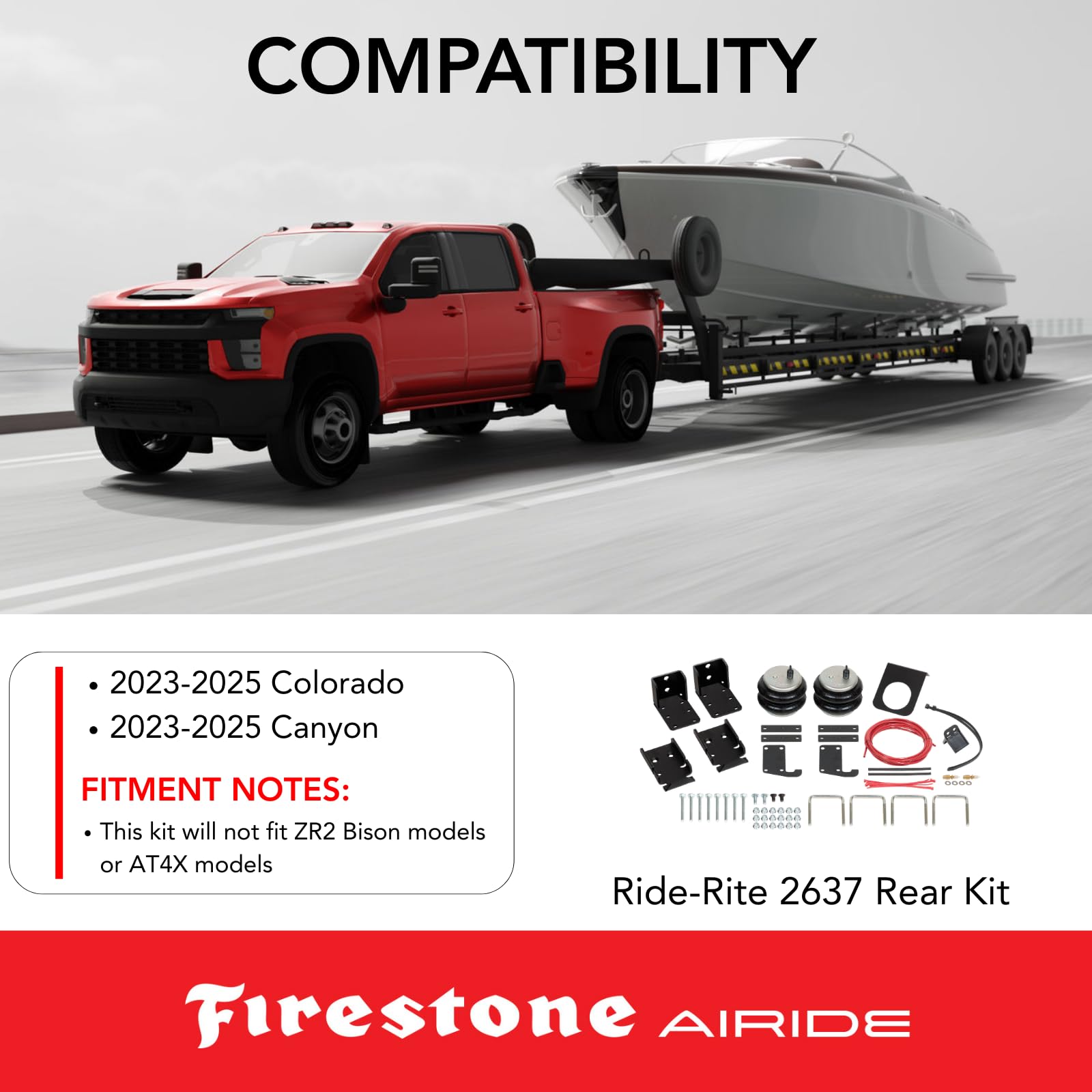 Firestone Ride-Rite Airide 2637 Rear Air Spring Kit fits 2023-2025 Colorado/Canyon excluding ZR2 Bison & AT4X models | Compatible with In-Bed Hitch | 5-100 PSI | Easy Installation