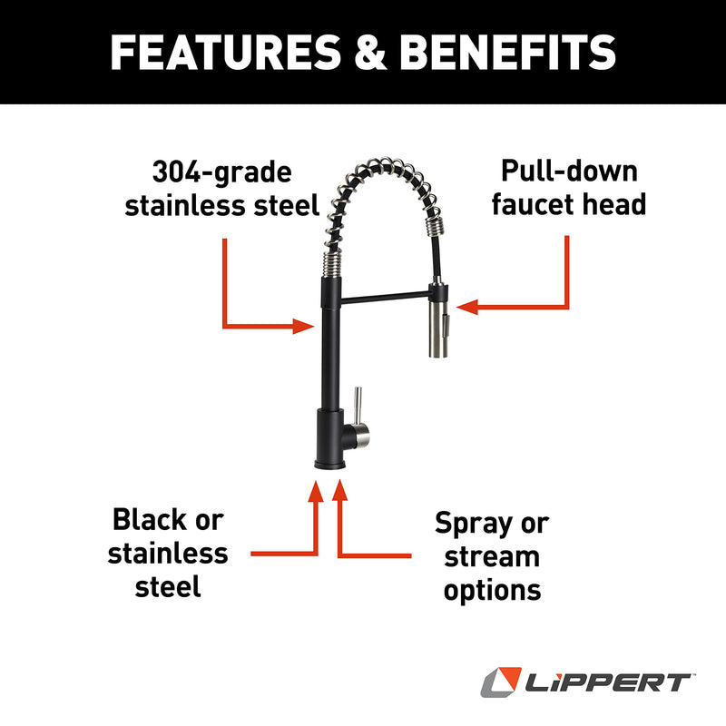 Lippert Coiled Pull-Down Kitchen Faucet Flow Max™ - Black/Stainless Steel