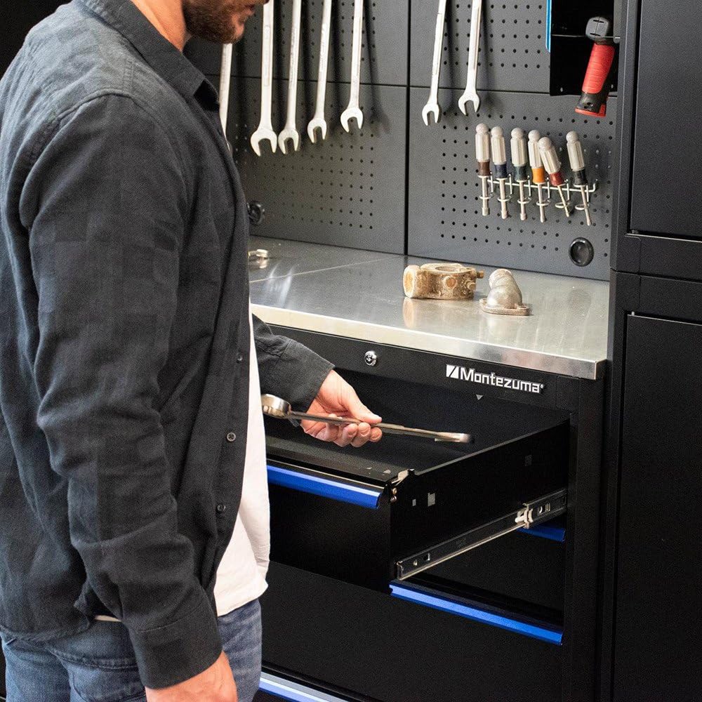 Garage Tool Storage System Montezuma - 30.5 x 24" Locking 4 Drawer Workbench with Ball Bearing Slides & Stainless Steel Worktop - BKMG30244BC