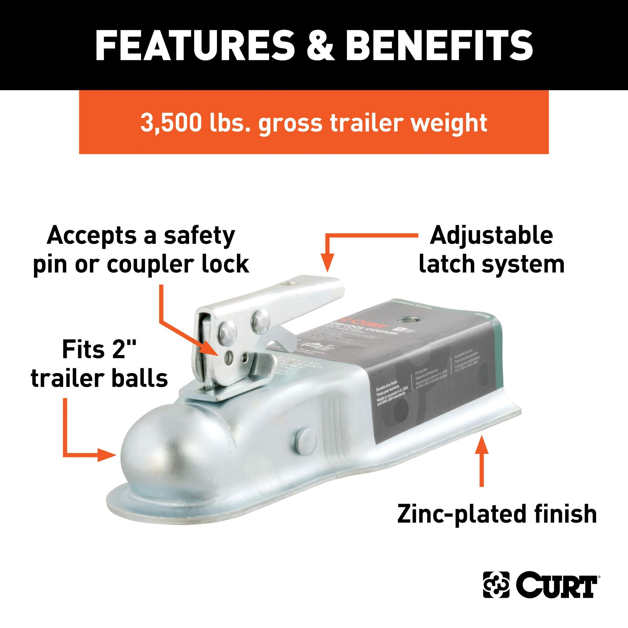 CURT Straight Tongue Trailer Coupler for 2-In Hitch Ball, 3-Inch Channel, 3,500 lbs, Alloy Steel, CLEAR ZINC