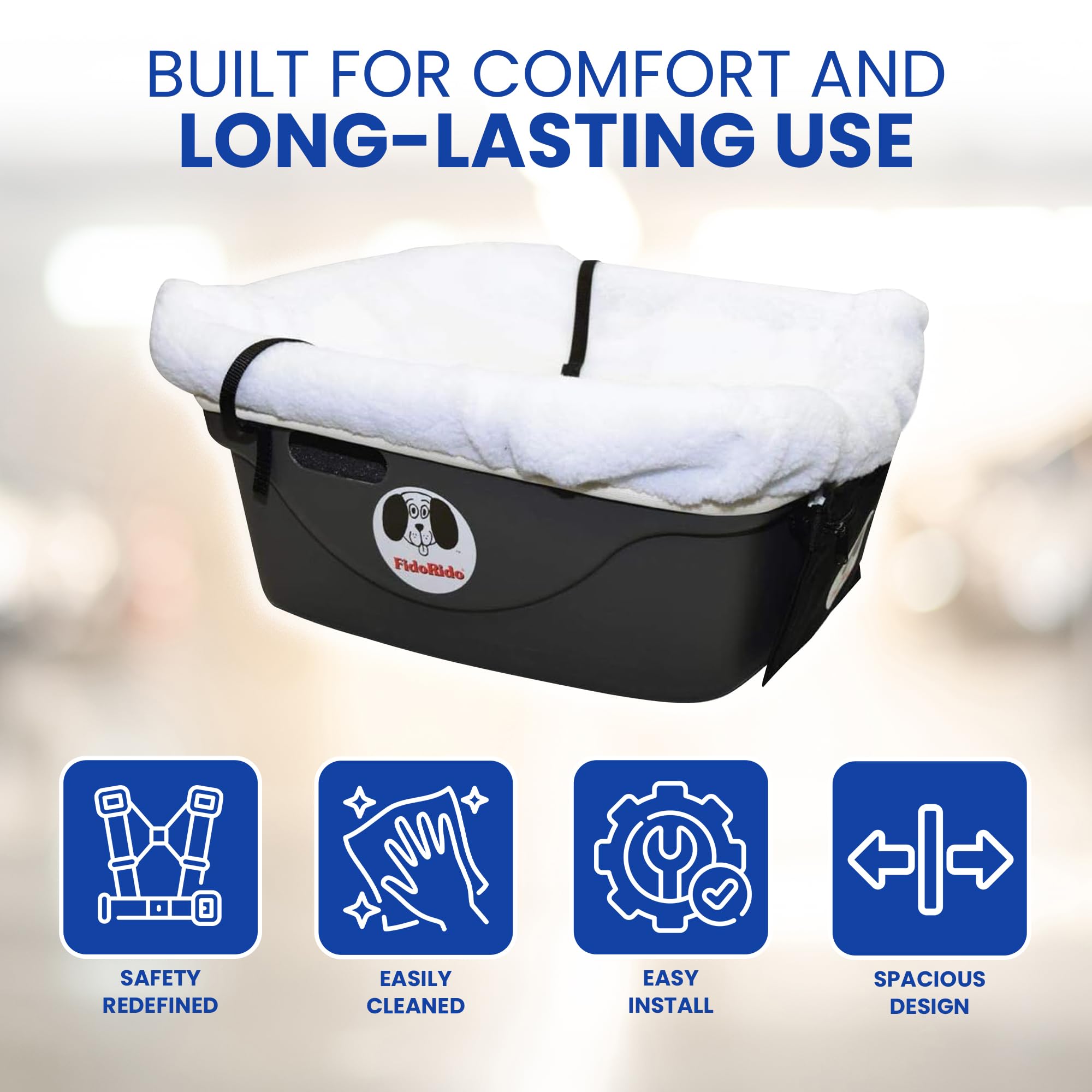 Dog Car Seat FidoRido - Booster Seat for Small to Large Dogs with Comfortable Cushions, Sherpa Cover, and Safety Straps, Easy to Install, and Ideal for Travel, White Sherpa - Small Harness
