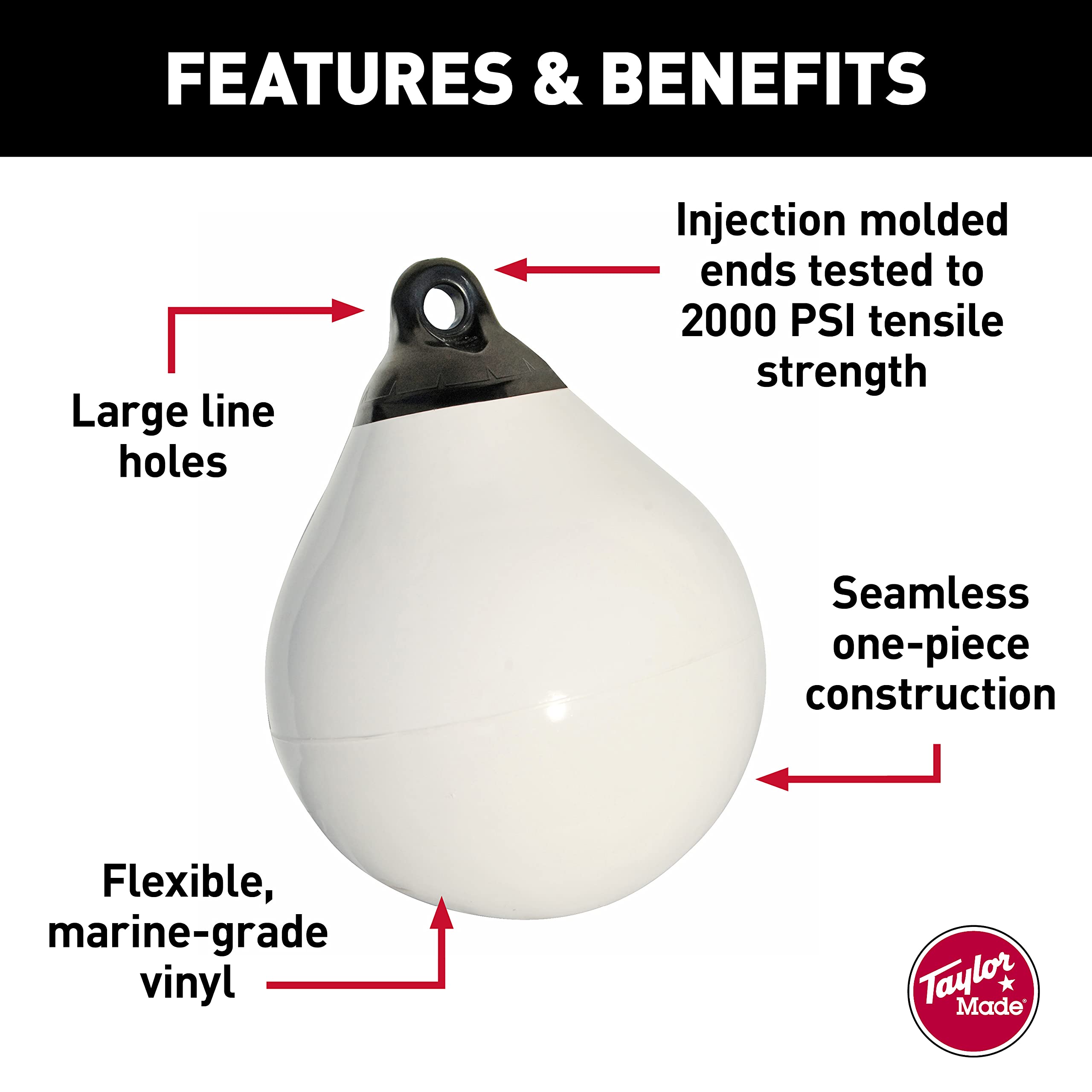 TAYLOR MADE PRODUCTS Tuff End Buoy, White (15") – Marine-Grade Vinyl Buoy Flexible, Strong for 25-40 Foot Boats – Trivalve™ Inflates with Standard Ball Pump – 2020108081