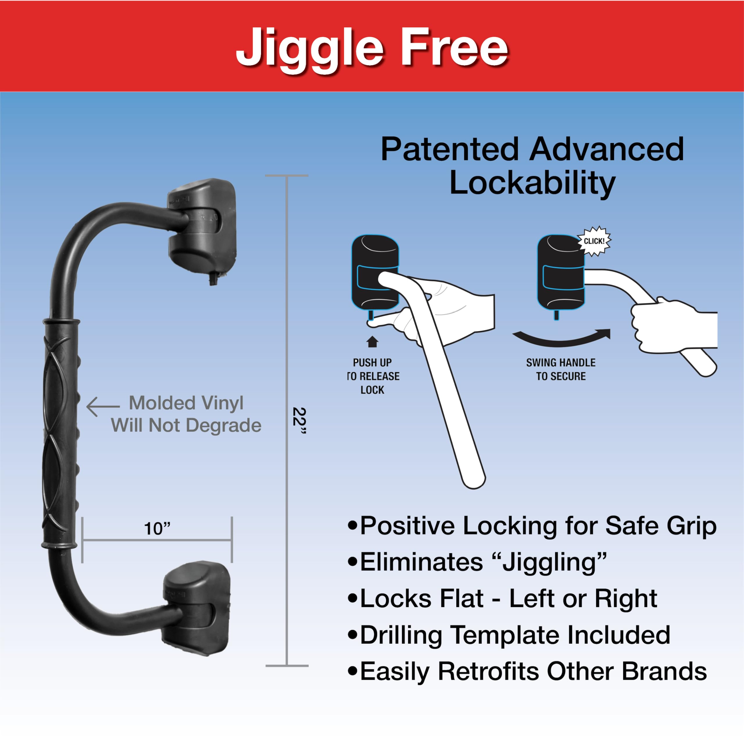 GripSafe RV Designer R222 Handrail Assist - Locking Folding Aluminum Grab Handle with Notched Grip - Safe Entry Assist for RV Door - Easy Installation, 22 Inch, Black