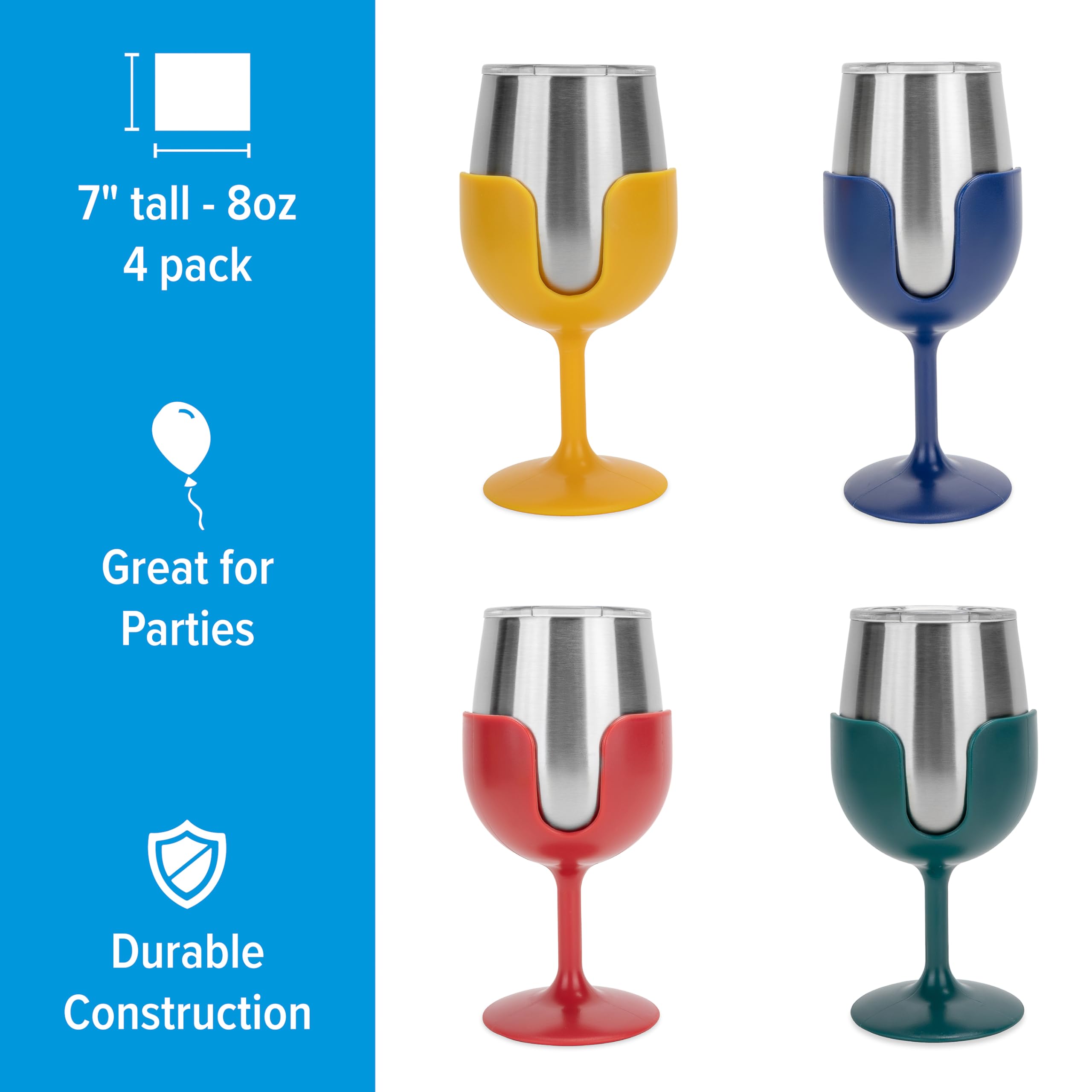 Camco Stainless Steel Wine Tumbler Life is Better at The Campsite 4-Pack - Features Heavy Duty Double Wall Vacuum Insulation & Removable Navy, Red, Green & Yellow Stems - Holds 8-oz Each (53465)