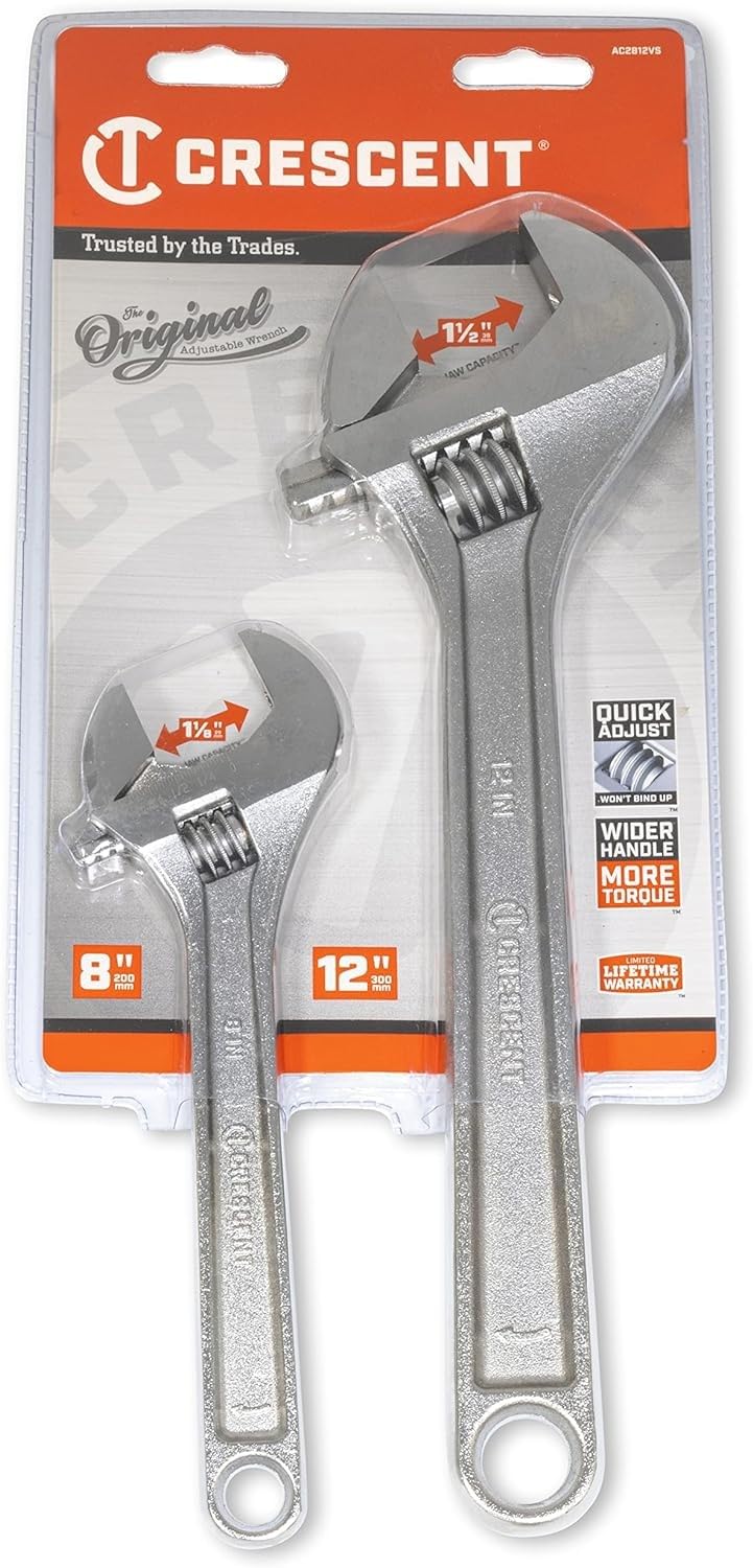 Crescent Wrench Set Adjustable - Home Improvement, Repair & Garage Hand Tools - Carded - 2 Piece Wrenches Set - 8" & 12" - AC2812VS