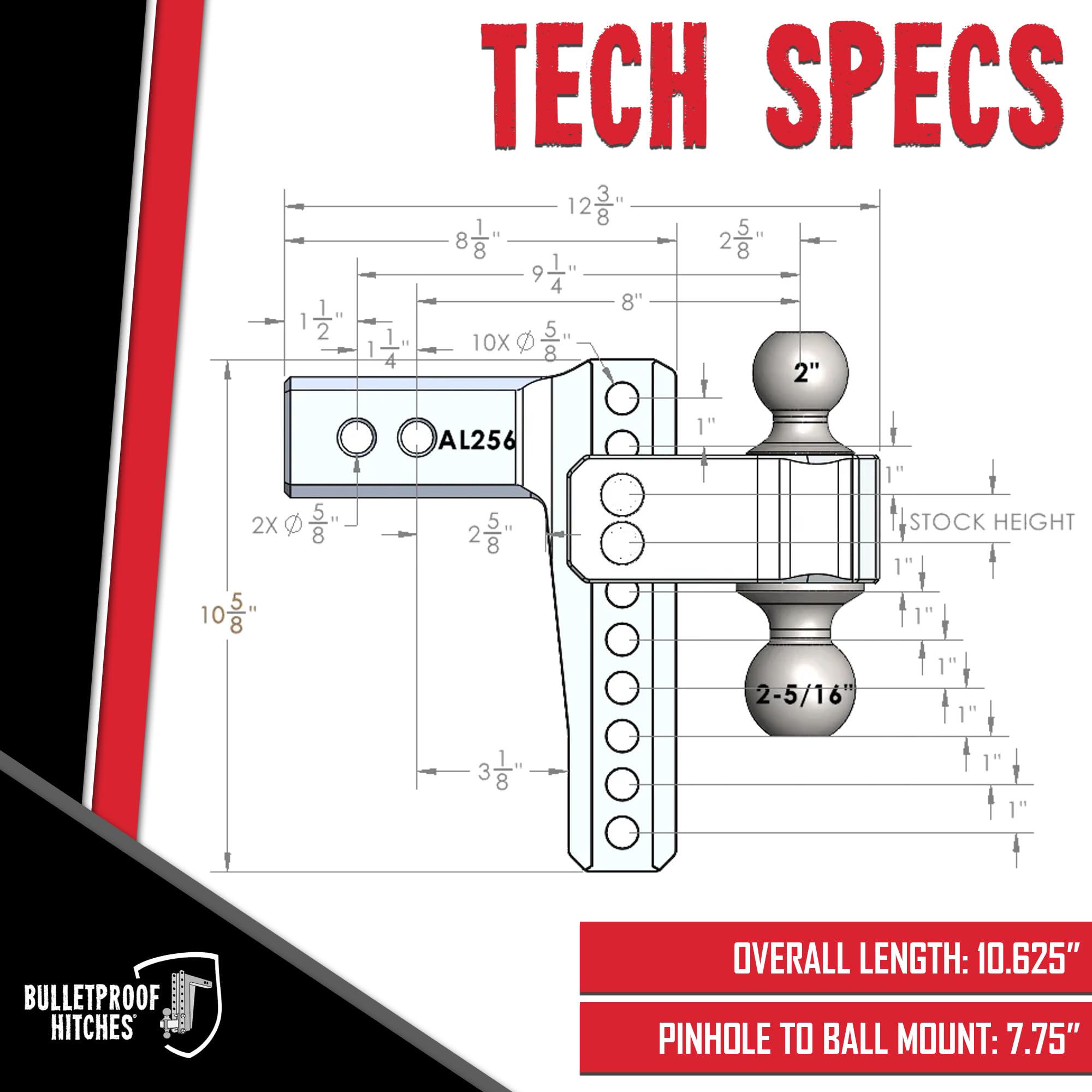 2.5" Aluminum BulletProof Hitches - Trailer Hitch (14,000 lb. Rating) - Adjustable Hitch with 6" Drop/Rise and 2" & 2-5/16" Dual Ball - Corrosion-Resistant Tow Hitch