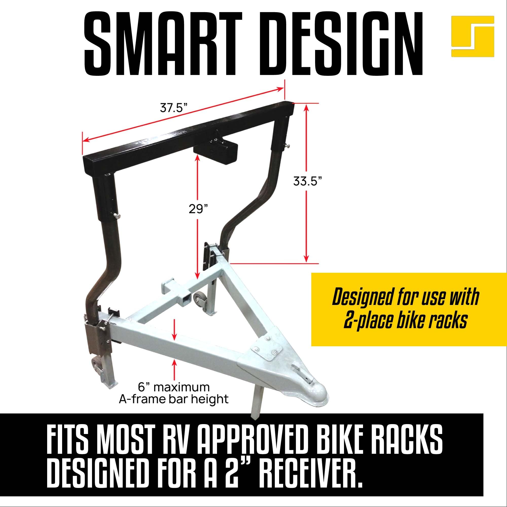 Stromberg Carlson Trailer Tongue CC-275 Cargo Bike Bunk - Adjustable Trailer Tongue Rack for RVs, Supports Up to 100 lbs, Fits RV Approved 2" Receiver Bike Racks, 14" -55" A-Frame Mounting Width Range