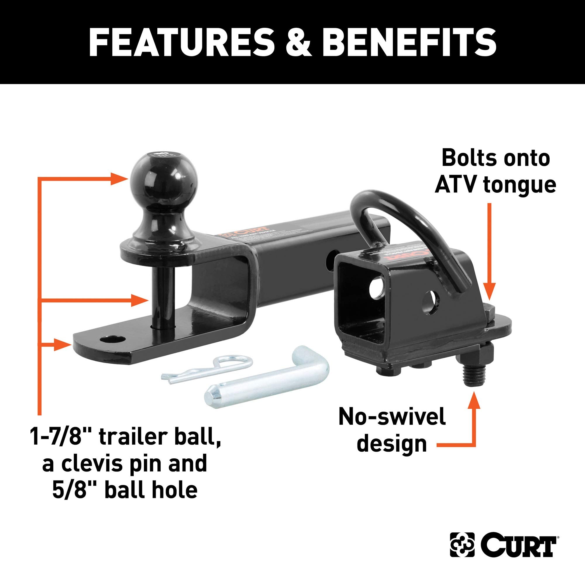 3-in-1 CURT UTV, ATV Trailer Hitch Mount with 2-Inch Receiver Adapter, 1-7/8-Inch Ball, Clevis Pin, 5/8-Inch Hole