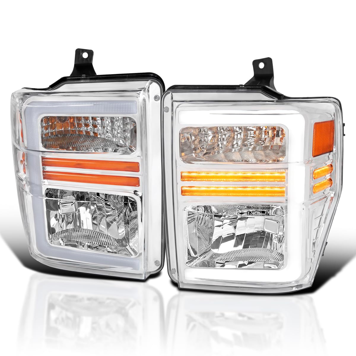 Chrome Factory Style SPEC-D TUNING Headlights with Sequential LED Turn Signal Compatible with 2008-2010 Ford F-250, F-350, F-450, F-550 Super Duty, Left + Right Pair Headlamps Assembly