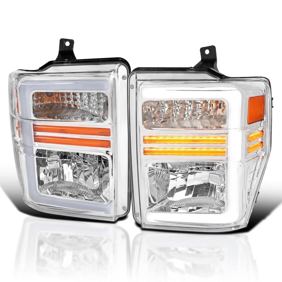 Chrome Factory Style SPEC-D TUNING Headlights with Sequential LED Turn Signal Compatible with 2008-2010 Ford F-250, F-350, F-450, F-550 Super Duty, Left + Right Pair Headlamps Assembly