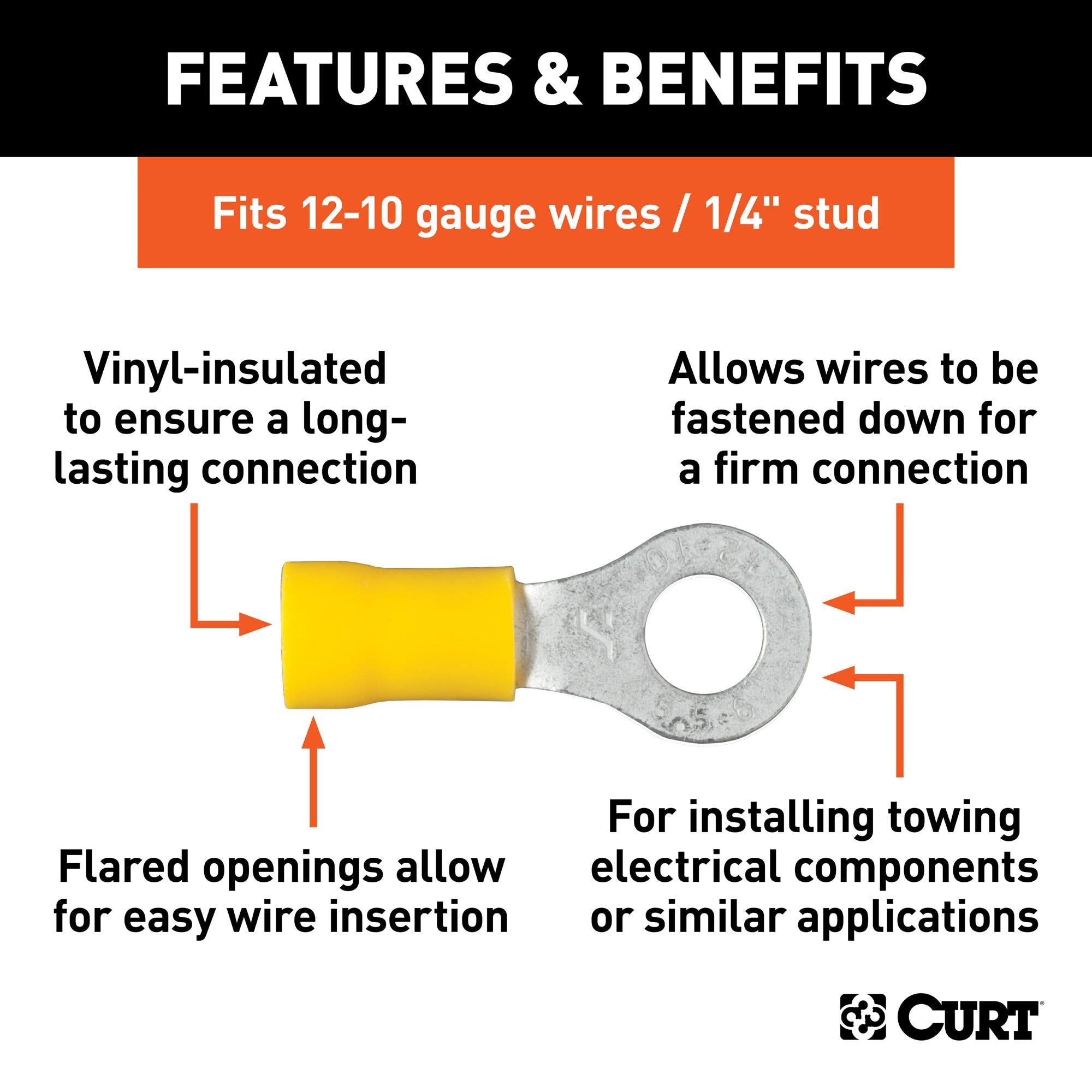 CURT 12-10 Gauge Yellow Vinyl-Insulated Ring Terminal Wire Connectors, 1/4-Inch Stud, 100-Pack