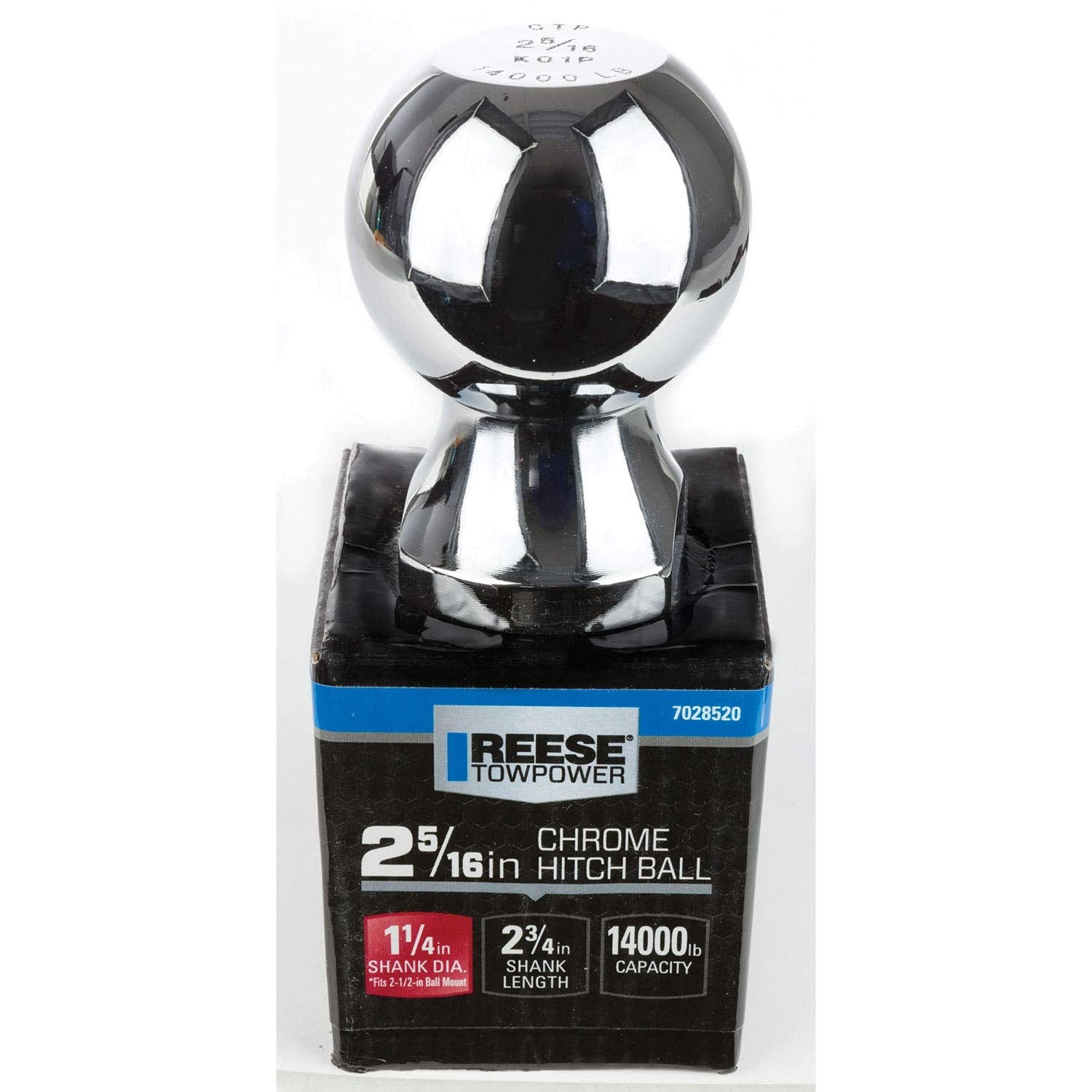 Reese Trailer Hitch Ball 7028520, 2-5/16 in. Diameter, 14,000 lbs. Capacity, 1-1/4 in. Shank Dia, 2-3/4 in. Shank Length, Chrome