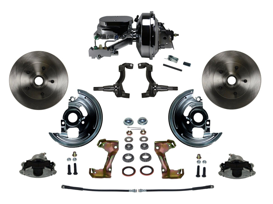 Power LEED BRAKES Front Disc Brake Conversion Kit With 9" Chrome Booster Flat Top Chrome M/C Disc/Disc Side Mount