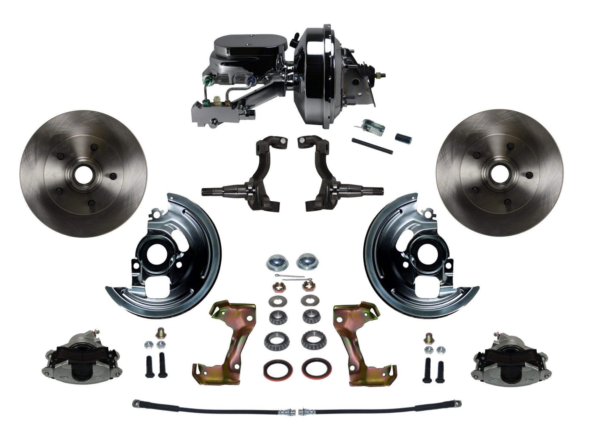 Power LEED BRAKES Front Disc Brake Conversion Kit With 9" Chrome Booster Flat Top Chrome M/C Disc/Disc Side Mount