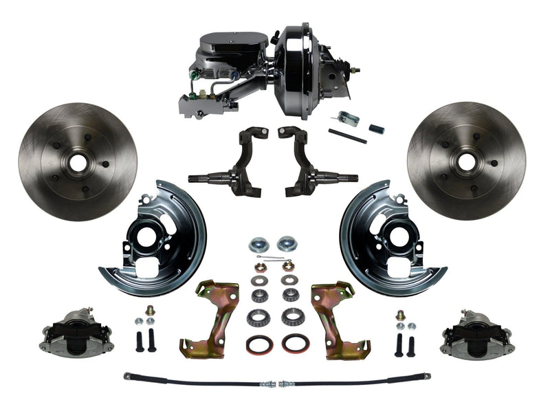Power LEED BRAKES Front Disc Brake Conversion Kit With 9" Chrome Booster Flat Top Chrome M/C Disc/Disc Side Mount