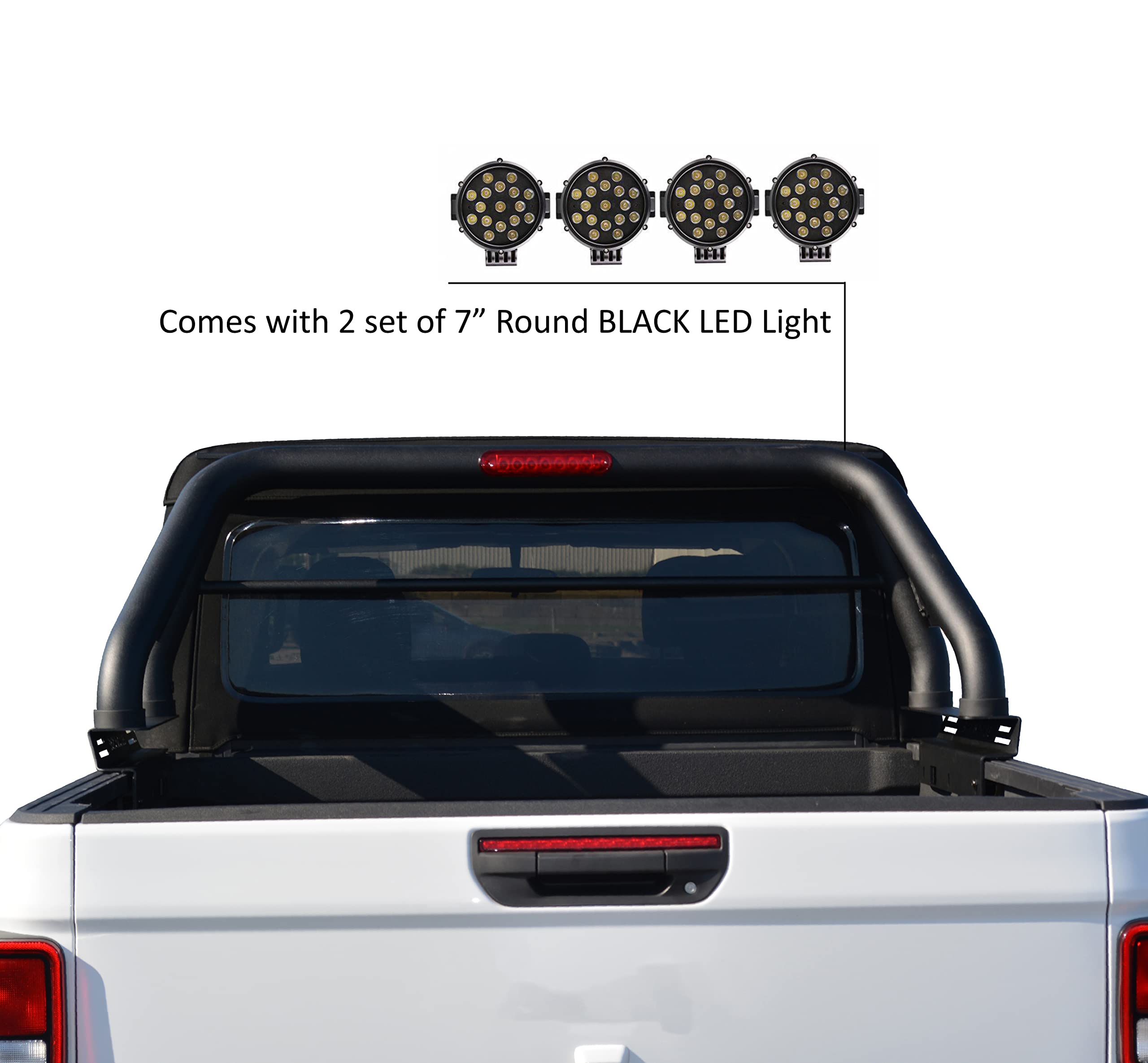 VIGOR Black Horse Roll Bar incl. pair of 7.0"Dia. LED Lights w/Black Trim Rings Modular Black Compatible with 2005-2021 Nissan Frontier-VIRB07B-PLB