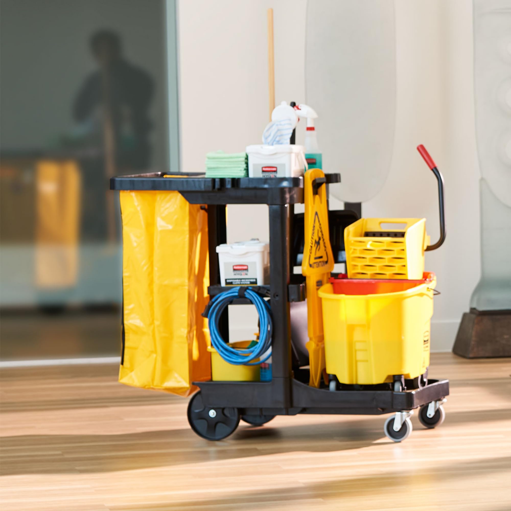 Rubbermaid Commercial 3-Shelf Traditional Janitorial Cleaning Cart, Wheeled with Zippered Yellow Vinyl Bag, for Business/School/Office/Janatorial Cleaning