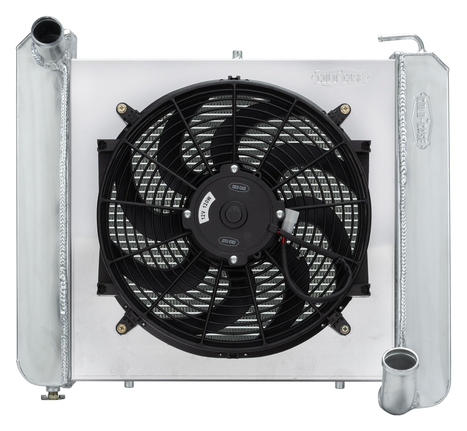 Radiator and Fan, Cold Case Radiators, 22.5 in W x 22.75 in H x 6.75 in D, Driver Side Inlet, Passenger Side Outlet, Aluminum, Polished, compatible with Chevy Corvette 1961-62, Kit