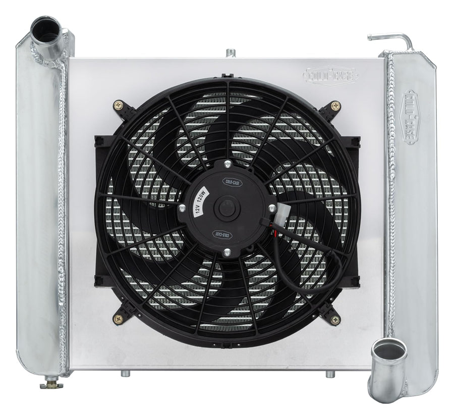 Radiator and Fan, Cold Case Radiators, 22.5 in W x 22.75 in H x 6.75 in D, Driver Side Inlet, Passenger Side Outlet, Aluminum, Polished, compatible with Chevy Corvette 1961-62, Kit