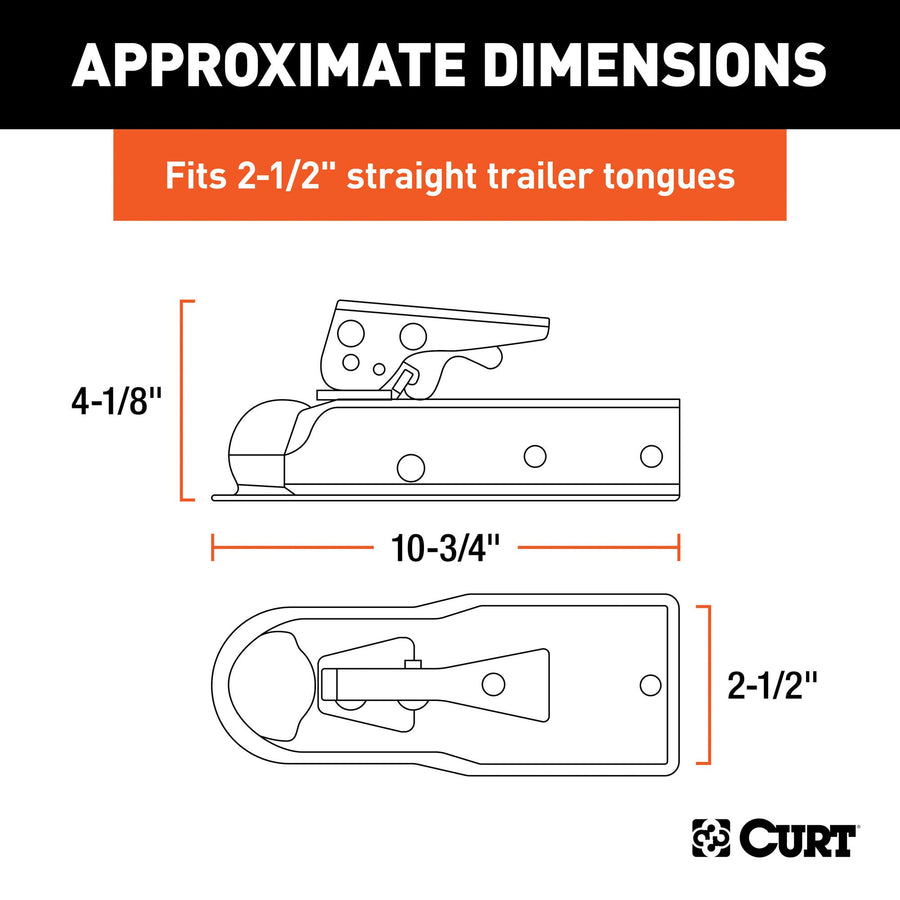 CURT Straight Tongue Trailer Coupler for 2-In Hitch Ball, 2-1/2-Inch Channel, 3,500 lbs, CLEAR ZINC