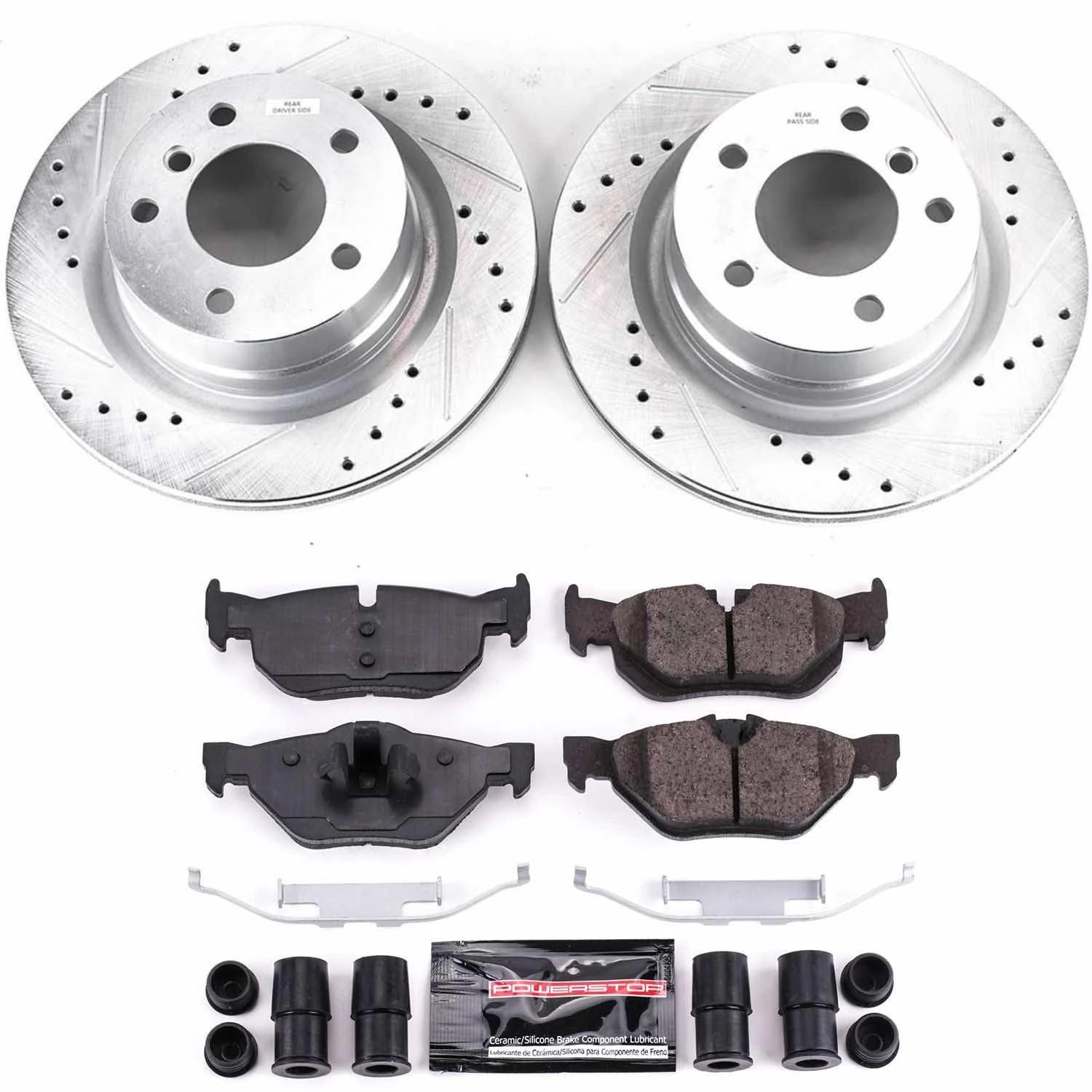Power Stop K6348 Z23 Rear Carbon Fiber Brake Pads with Drilled & Slotted Brake Rotors Kit For BMW 128i 2010-2013 [Model Specific]