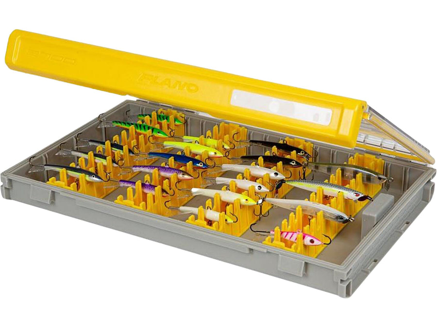 Plano 3700 Edge Vertical Jig & Spybait Box Tackle Storage, Gray and Yellow, Holds Up to 52 Vertical Baits, Rust-Resistant and Waterproof Bait Organizer Box