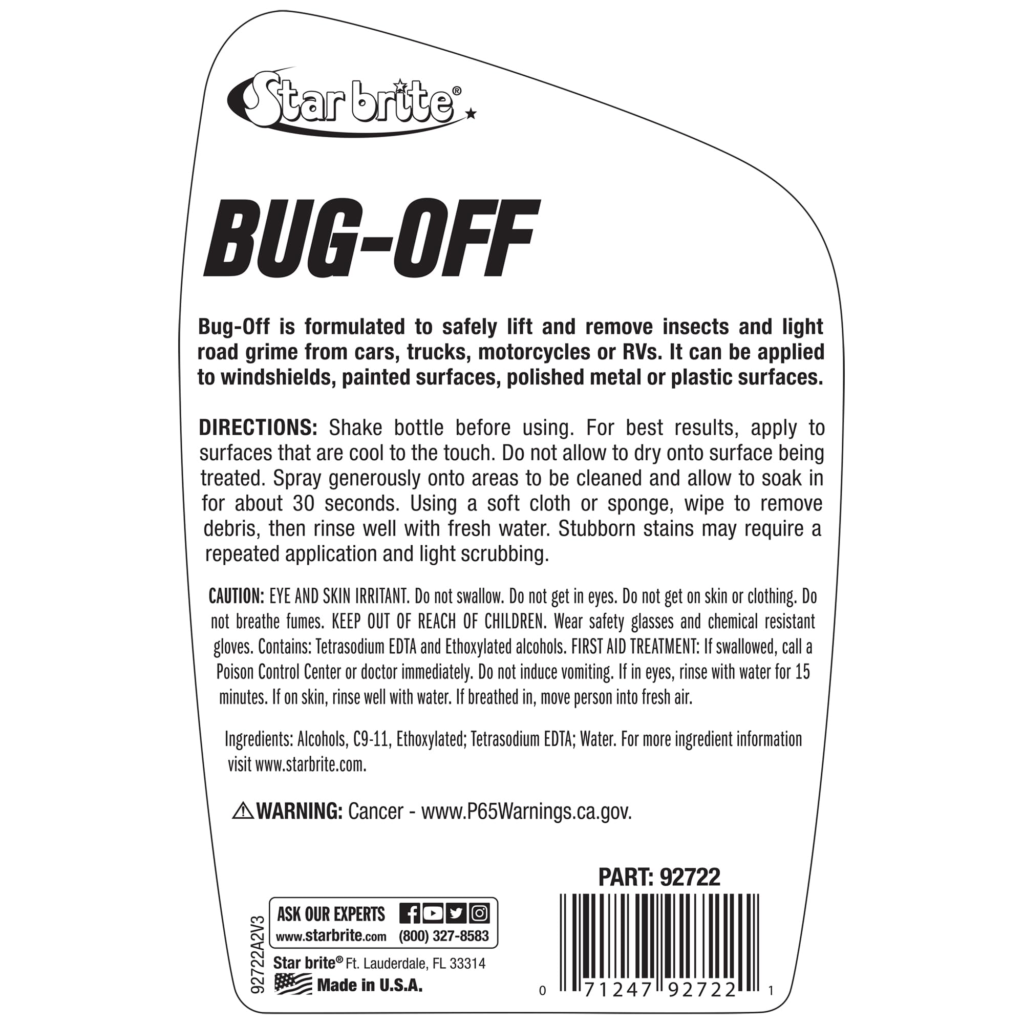 Bug Off STAR BRITE - Premium Automotive Dead Insect Residue Cleaner - Quick & Easy Bug Bit and Tar Remover for Cars - 22 OZ Spray (092722)