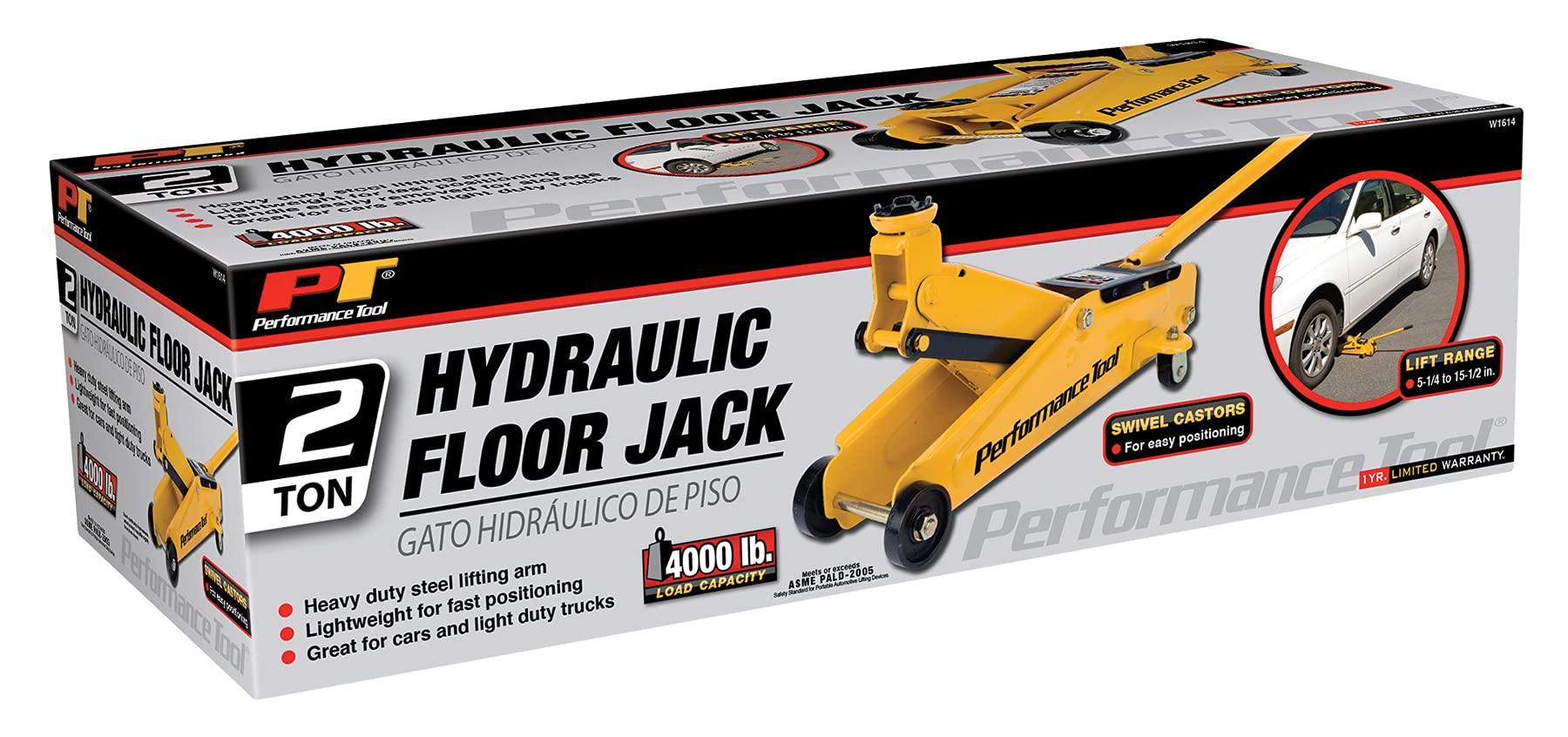 2 Ton Performance Tool W1614 Capacity Floor Jack Made With Heavy Duty Steel And Swivel Rear Casters