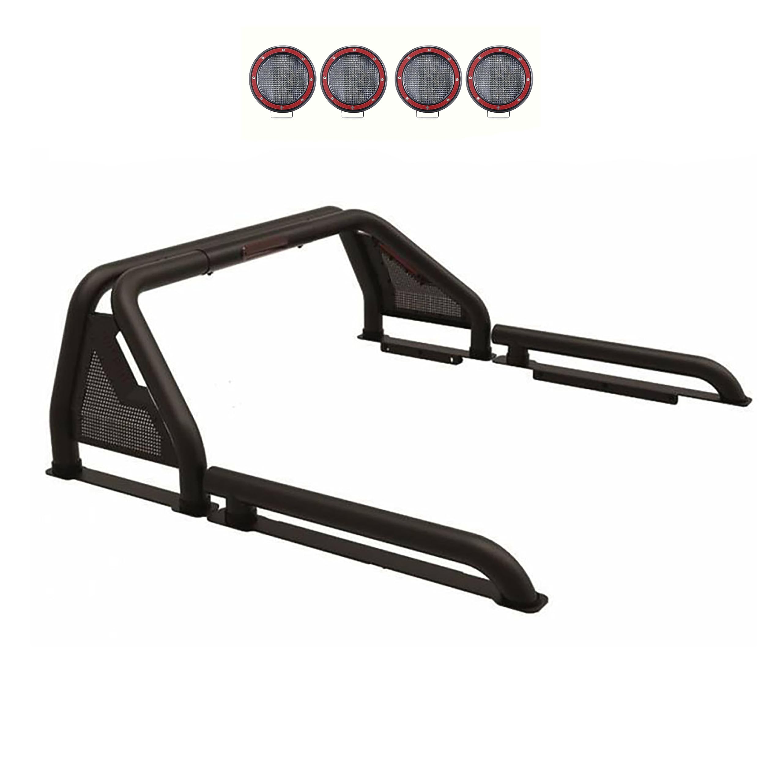 Gladiator Black Horse Roll Bar Incl. Set of 5.3" Dia.Led Lights w/Red Trim Rings Modular Black Compatible with Universal Roll Bar for 1/2 Ton Trucks (GM-Ford-Dodge- Tundra) -GLRB-01B-PLFR