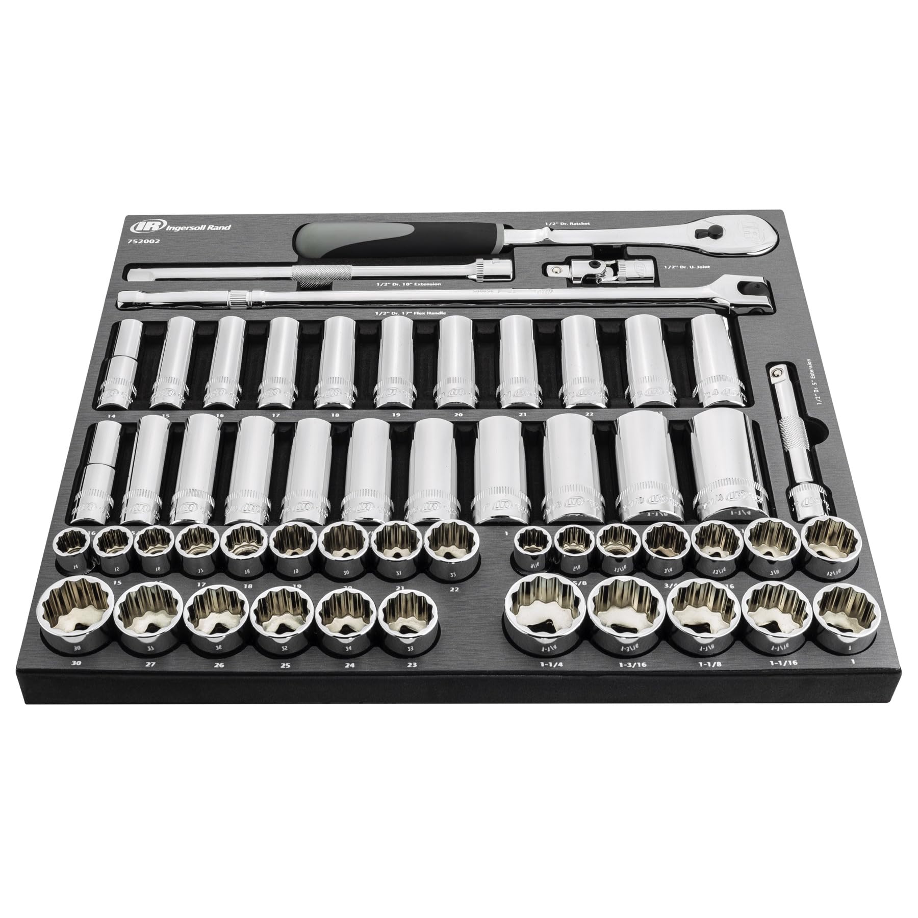 Ingersoll Rand 1/2 in. Drive SAE/Metric 54-Piece Master Socket and Accessory Set – Mirror-Polished Chrome Vanadium Steel, 90-Tooth Ratchet, EVA Tray with Size Markings – 752002