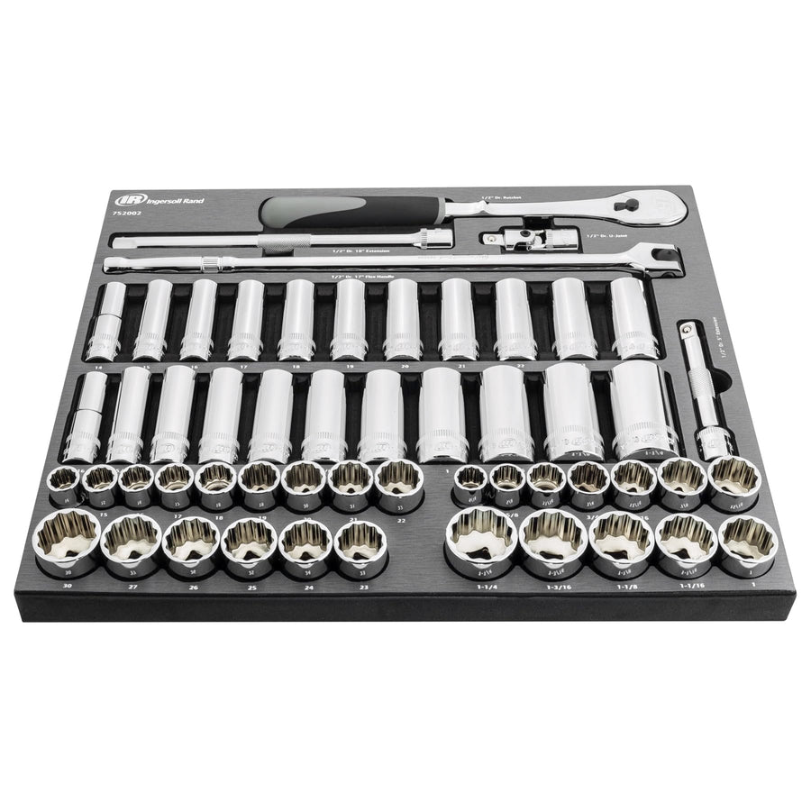Ingersoll Rand 1/2 in. Drive SAE/Metric 54-Piece Master Socket and Accessory Set – Mirror-Polished Chrome Vanadium Steel, 90-Tooth Ratchet, EVA Tray with Size Markings – 752002