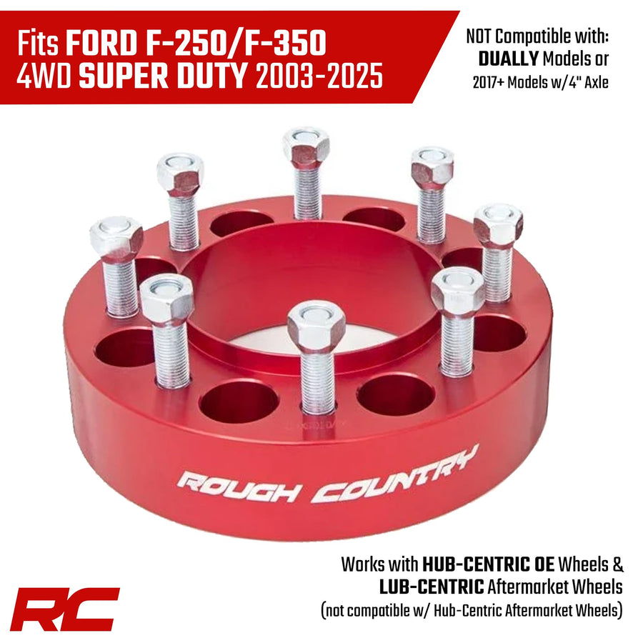Rough Country 2" Wheel Spacers for 4WD Ford F-250/F-350 SuperDuty (2003-2026) - Fits 8x170mm Bolt Pattern, Anodized Red, 2 PCS