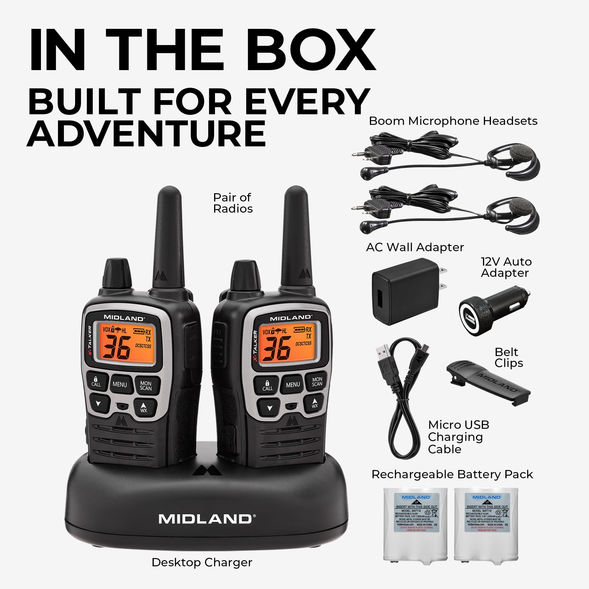 Midland T77VP5 X-TALKER Walkie-Talkie Long Range FRS Two-Way Radio for Camping Overlanding NOAA Weather Scan + Alert, 121 Privacy Codes - Includes Carrying Case & Headset Black/Silver, 2 Radio Bundle