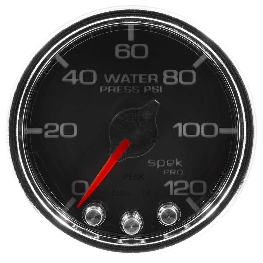 AutoMeter P34531 Water Press Gauge (Spek-Pro 2 1/16", 120Psi, Stepper Motorwith Peak & Warn, Blk/Chrm, Spek-Pro)