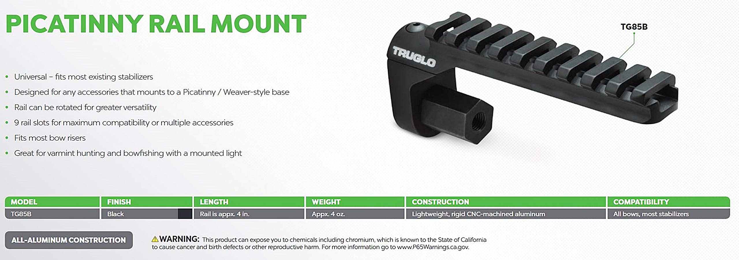 TRUGLO Picatinny Rail Mount Universal Durable Aluminum Hunting Bowfishing Accessories Holder with 9 Rail Slots