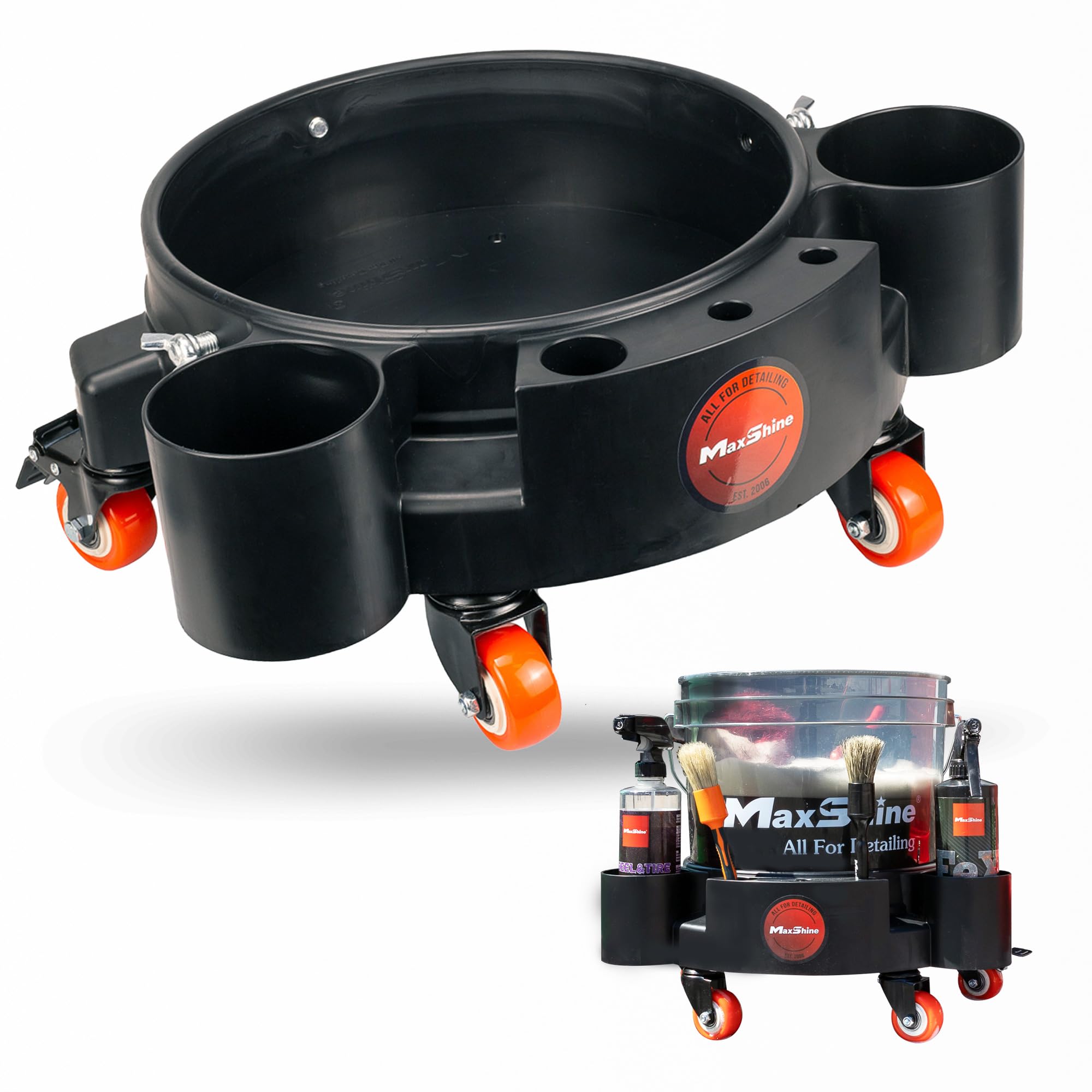 Rolling Maxshine Bucket Dolly (Black) | Heavy-Duty Polypropylene with 4 Swivel Wheels, 2 Shelves & 6 Compartments | Secure Fit, Spill-Free Design for Car Wash & Auto Detailing Organization