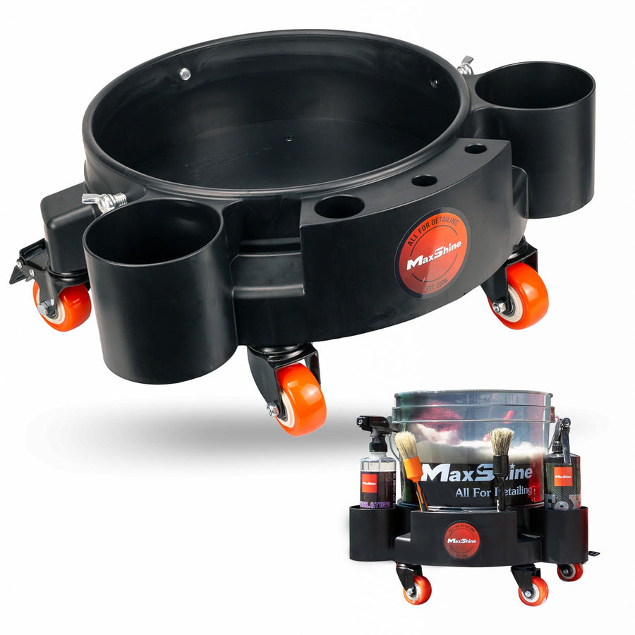 Rolling Maxshine Bucket Dolly (Black) | Heavy-Duty Polypropylene with 4 Swivel Wheels, 2 Shelves & 6 Compartments | Secure Fit, Spill-Free Design for Car Wash & Auto Detailing Organization