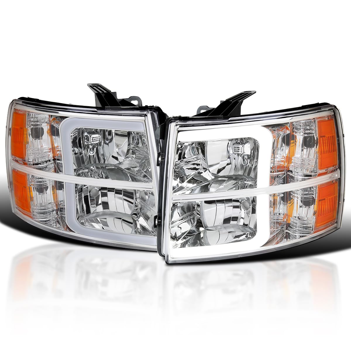 Chrome Headlights SPEC-D TUNING w/LED Light Bar Compatible with 2007-2013 Chevy Silverado 1500, 2007-2014 Silverado 2500HD 3500HD, Left + Right Pair Headlamp Assembly