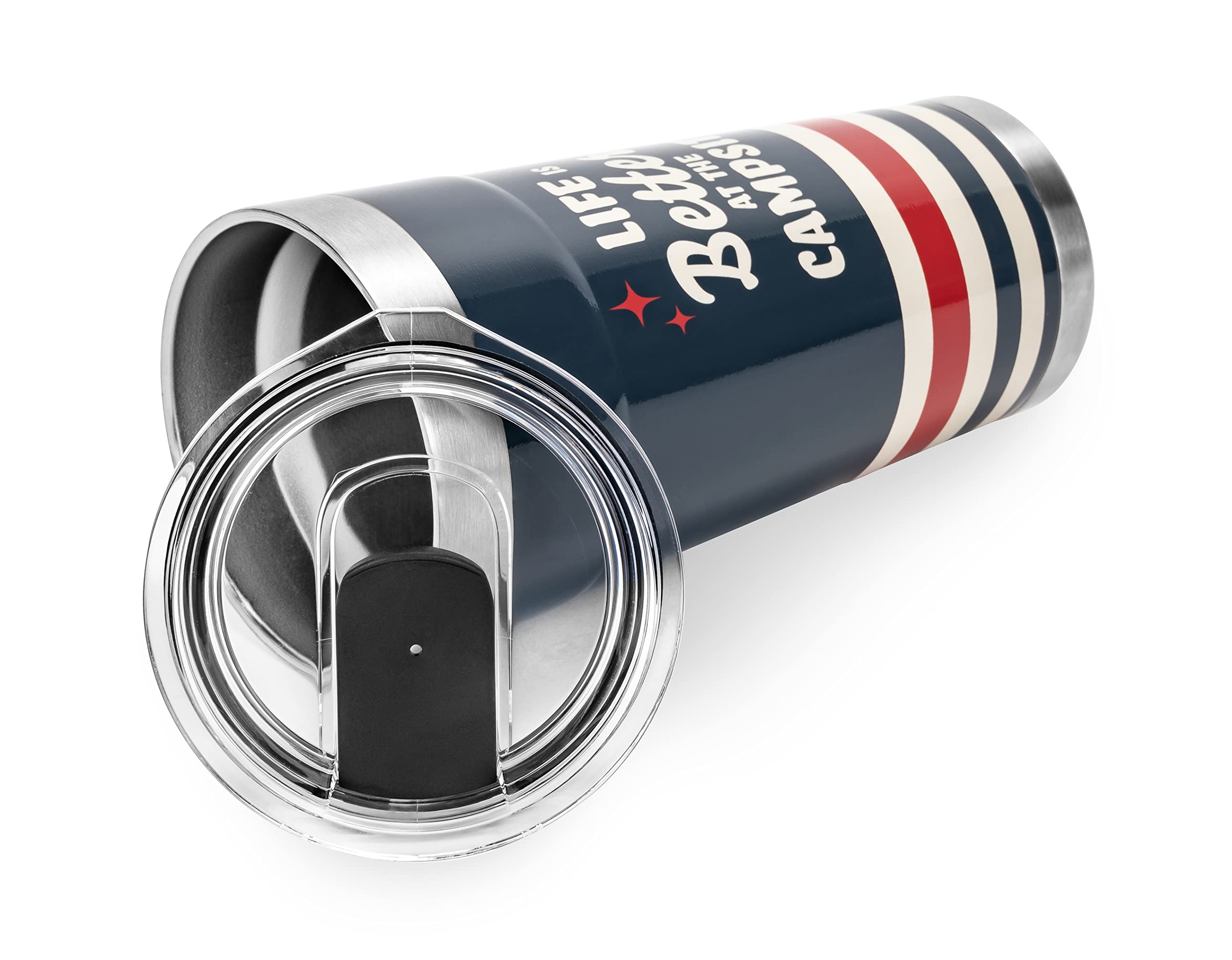 Wrapped Stainless Steel Tumbler Camco Life is Better at The Campsite - Features Double Wall Vacuum Insulation for Heat/Ice Retention & Unique Red, White, & Blue Design - Holds 20 oz. (53326)