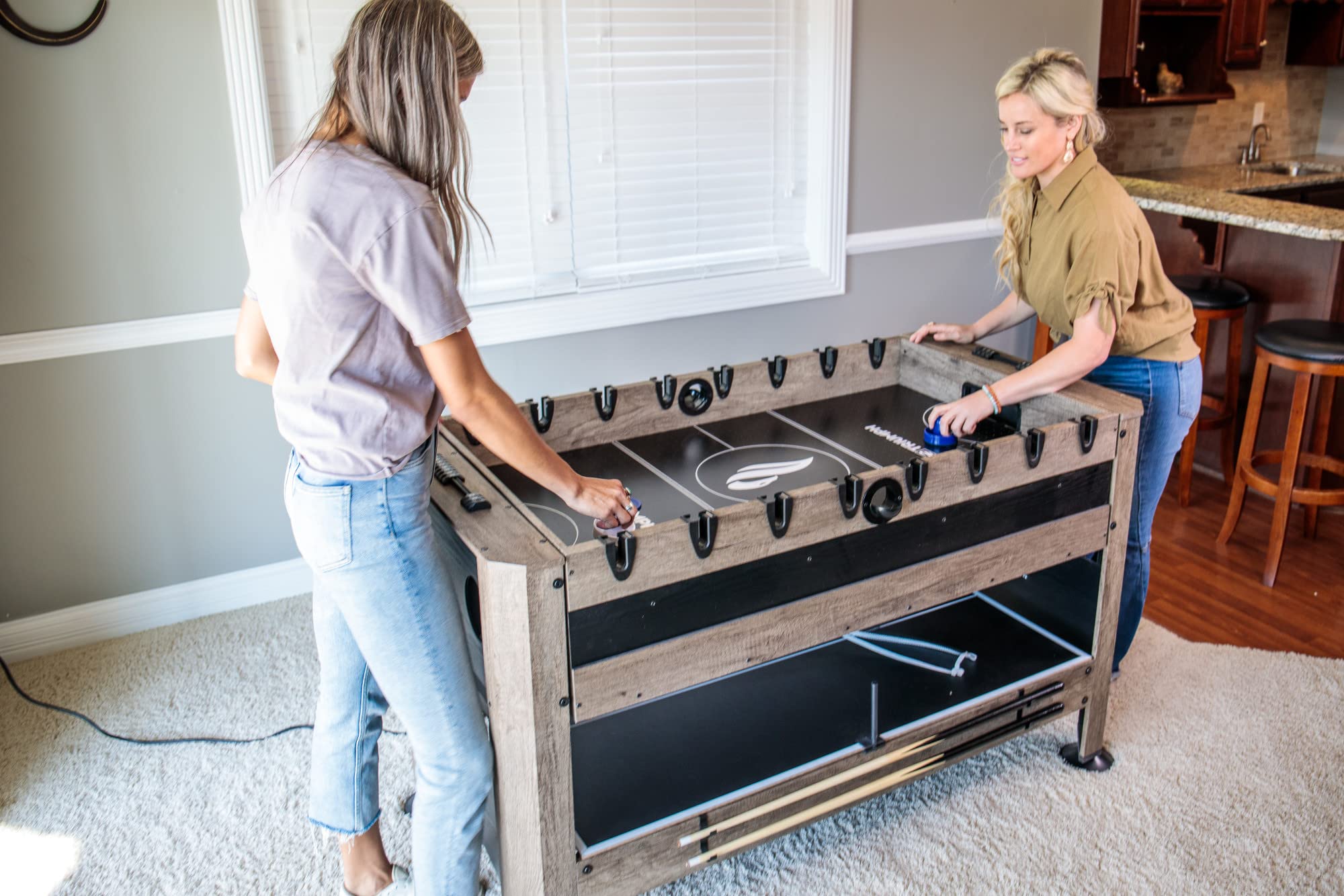 56” Triumph 4-in-1 Swivel Multi-Game Table - Air Hockey, Billiards, Foosball, Ping Pong - Rustic Wood Grain Finish