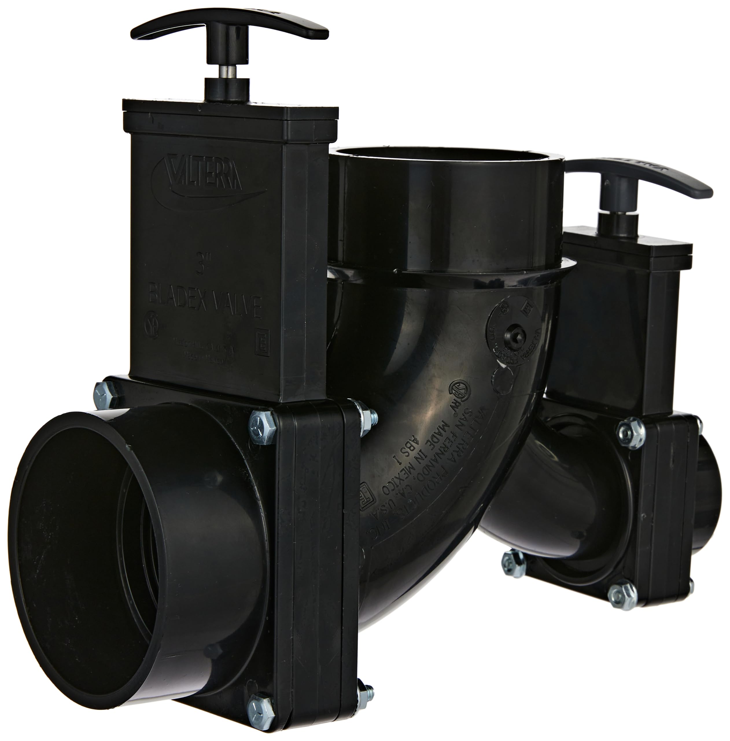 Valterra Double Rotating T81 Valve, 3" Hub x 1-1/2" Hub x 3" Spigot Outlet, Black