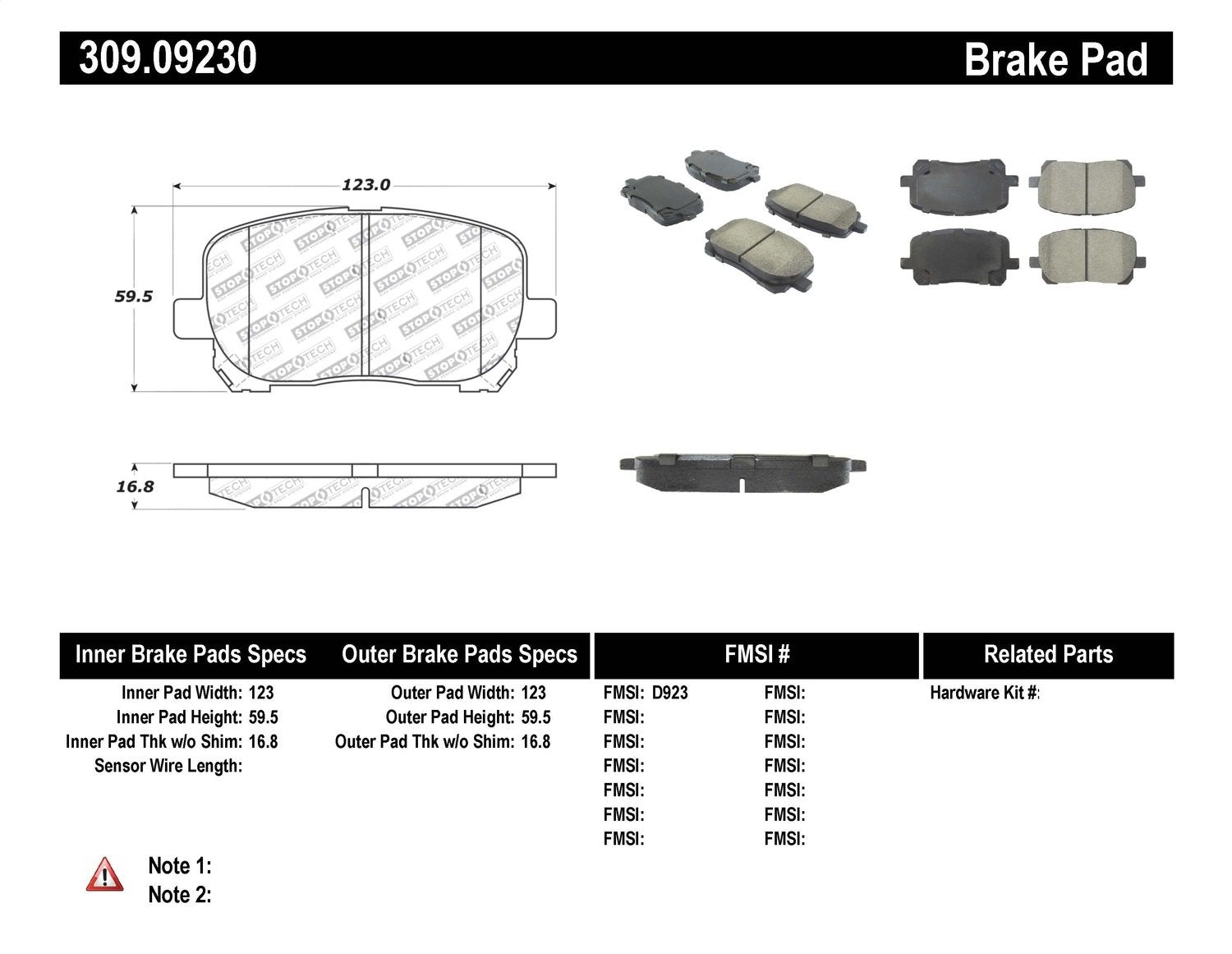 Sport Brake Pads StopTech 309.09230 with Shims and Hardware