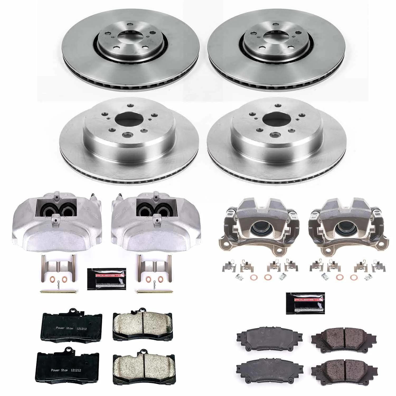 Power Stop KCOE7604 Brake Caliper Kit- Front and Rear Brake Rotors, Brake Pads & Calipers
