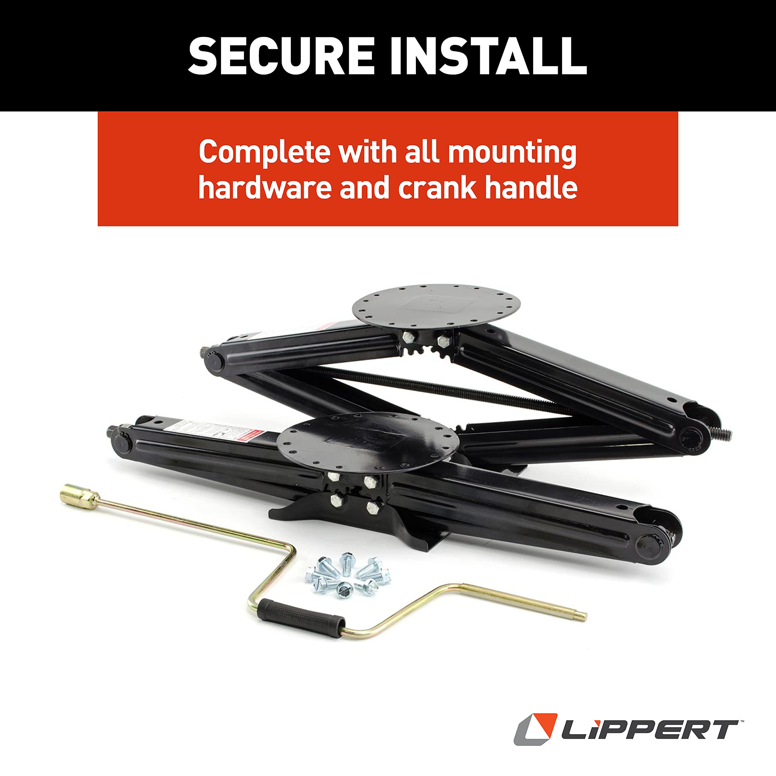 30" Lippert Components Manual RV Scissor Jack Kit for 5th Wheels, Travel Trailers, Set of Two, 5,000 lb. Load Capacity, Anti Rust Coating, Universal Bolt-On Installation, Bow-Tie Base, Crank Handle - 285344