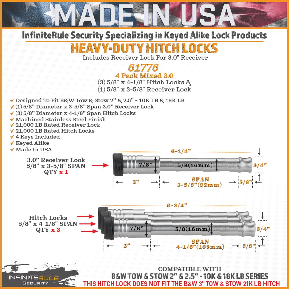 4 Pack Mixed 3.0, Keyed Alike, Hitch Locks for 2" & 2.5" B&W Tow and Stow 10K LB & 18K LB - Includes Lock for 3.0" Receiver