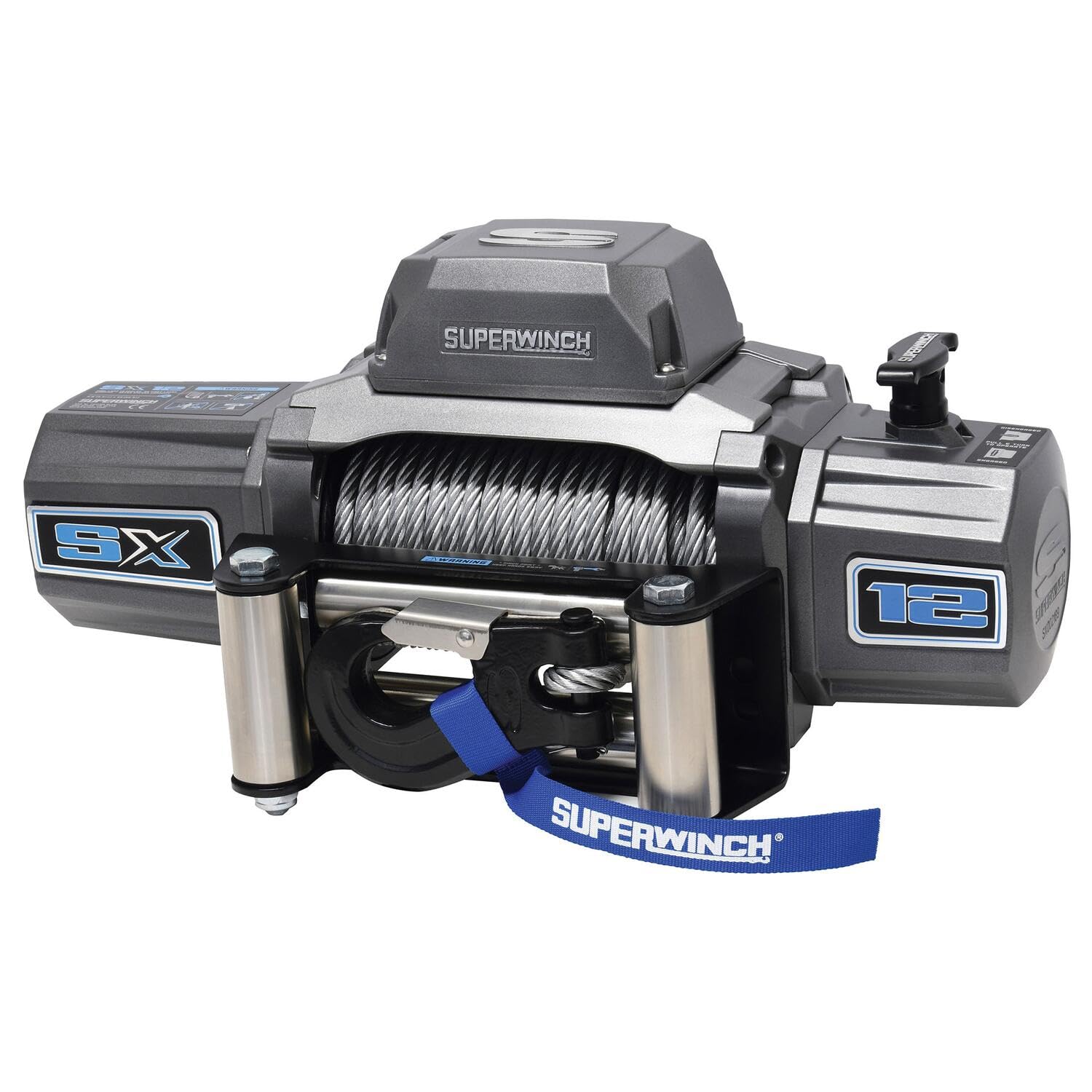 12V DC Superwinch SX12 Waterproof Recovery Winch 12,000lb/5,443kg Single Line Pull with Roller Fairlead 3/8in x 85ft Steel Wire Rope Corded Handheld Remote No-Bind Clutch
