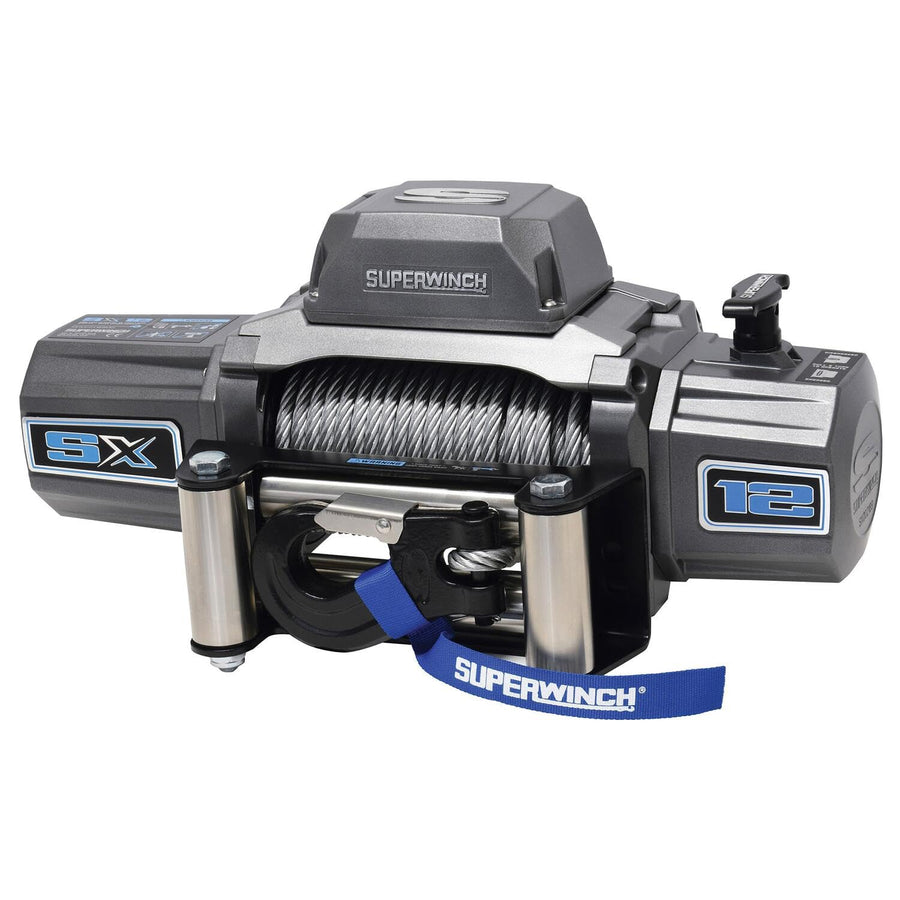 12V DC Superwinch SX12 Waterproof Recovery Winch 12,000lb/5,443kg Single Line Pull with Roller Fairlead 3/8in x 85ft Steel Wire Rope Corded Handheld Remote No-Bind Clutch