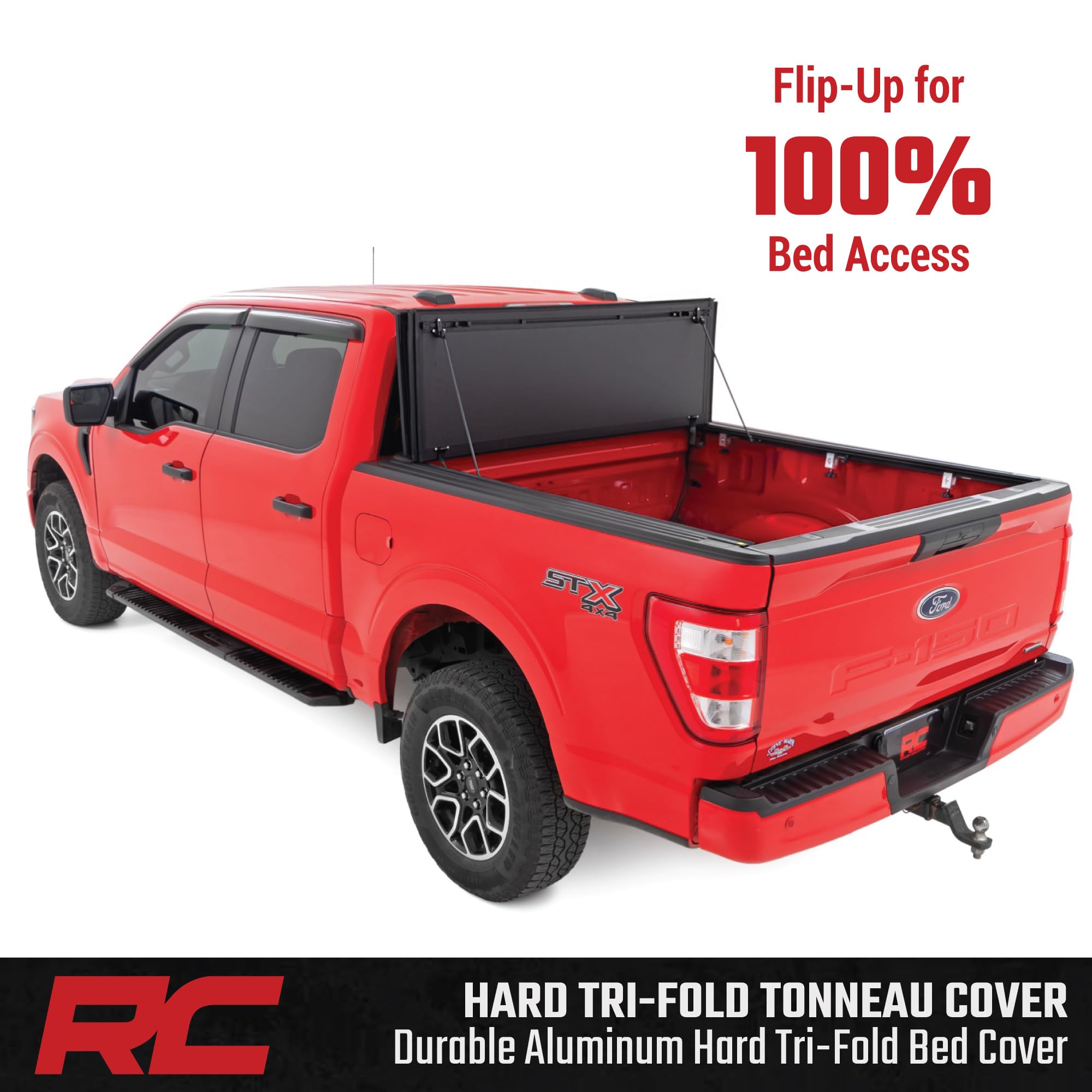 Rough Country Tonneau Cover Hard Tri-Fold for Ford F-150 (2015-2020) - Aluminum Flip-Up Bed Cover, Fits 5'7 (67.1") Short Bed