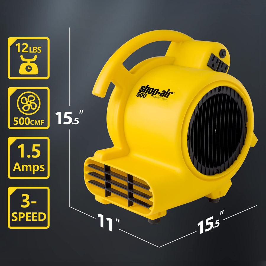Shop-Vac 3-Speed Shop-Air 500 CFM Air Mover, Floor Carpet Dryer, Blower Fan, Heavy Duty Stackable Design, for Restoration and Janitorial Use (1-Pack)